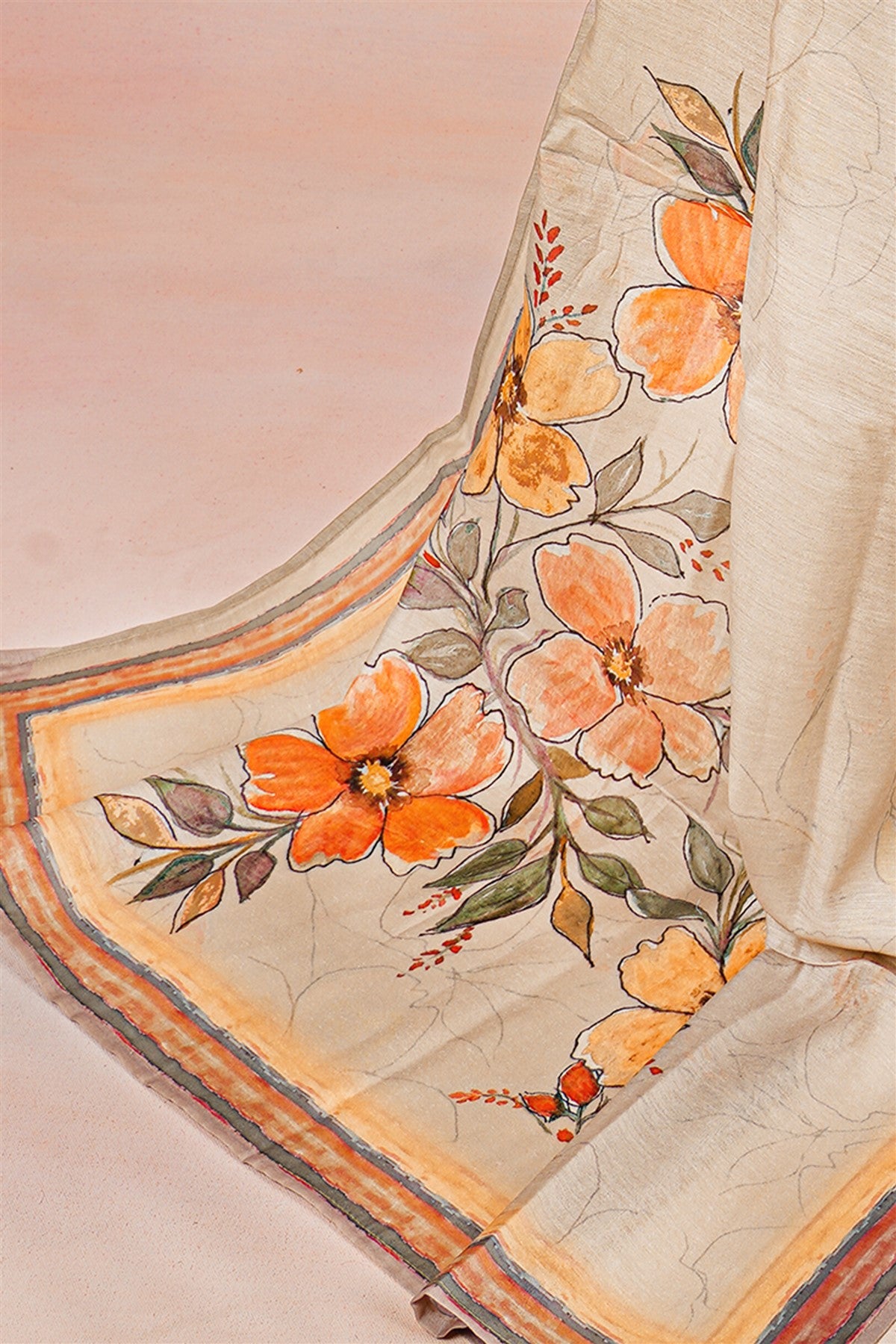 Chanderi Beige Floral Print Dress Material