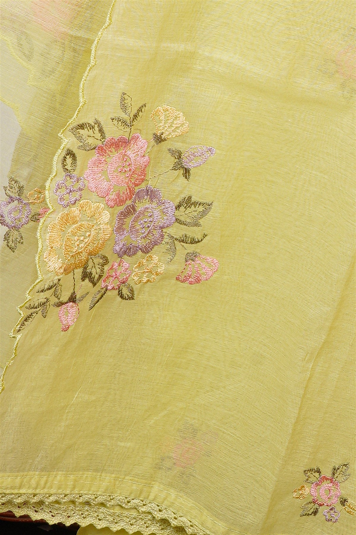 Chanderi Olive Green Floral Embroidery Dress Material
