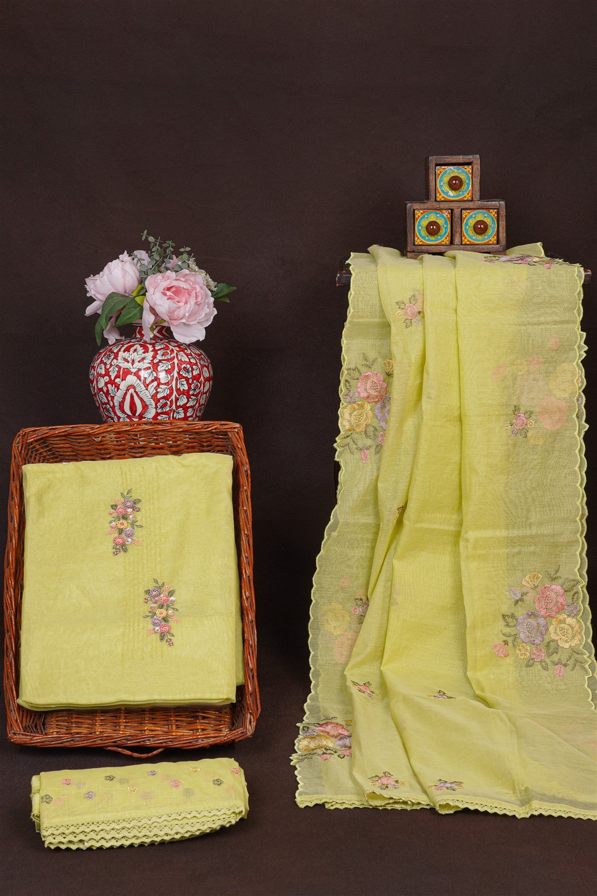 Chanderi Olive Green Floral Embroidery Dress Material