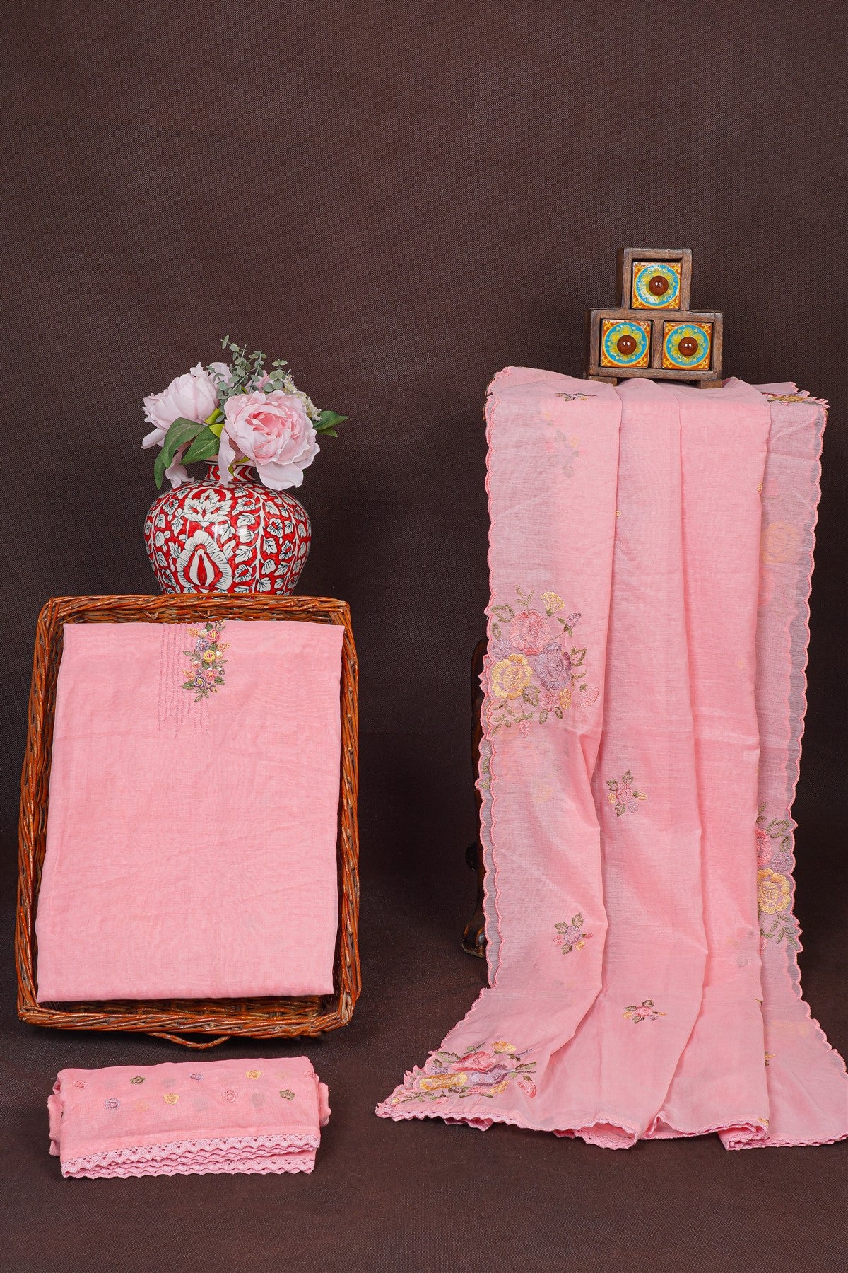 Chanderi Peach Floral Embroidered Dress Material