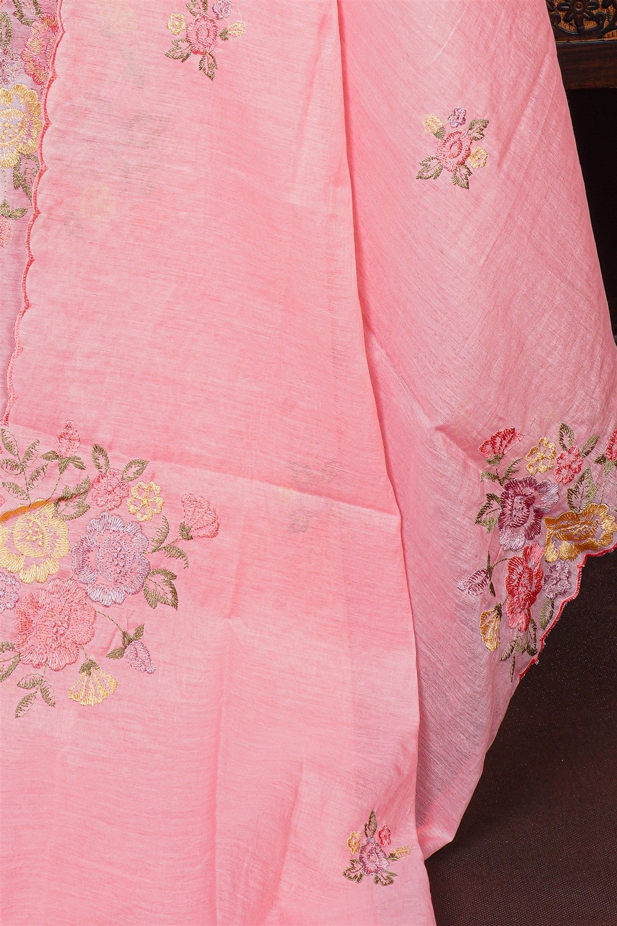 Chanderi Peach Floral Embroidered Dress Material