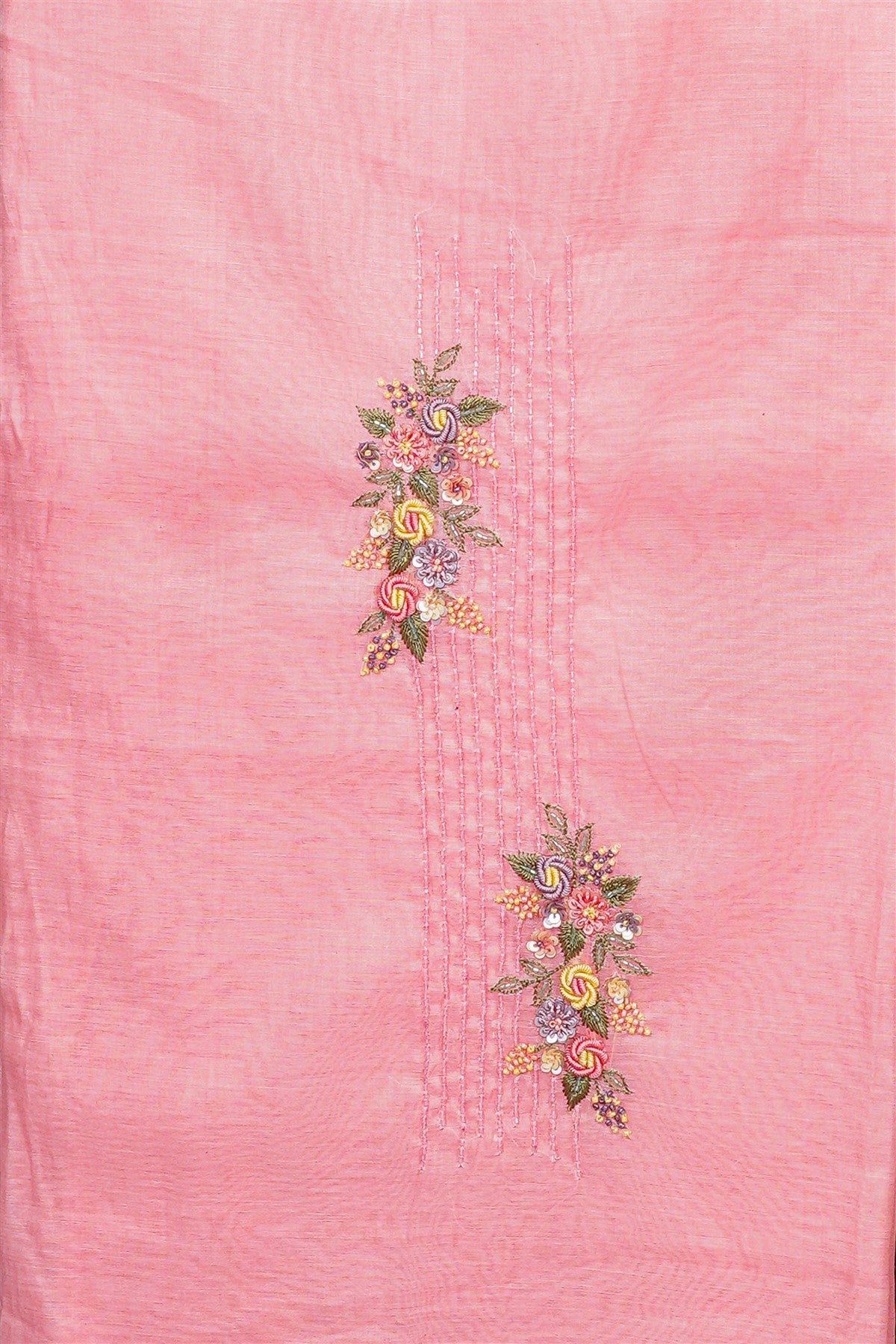 Chanderi Peach Floral Embroidered Dress Material