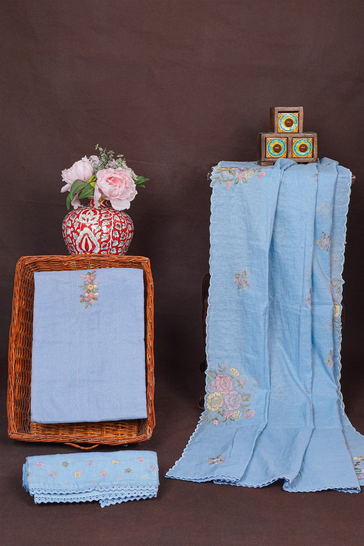 Chanderi Sky Blue Embroidered Dress Material