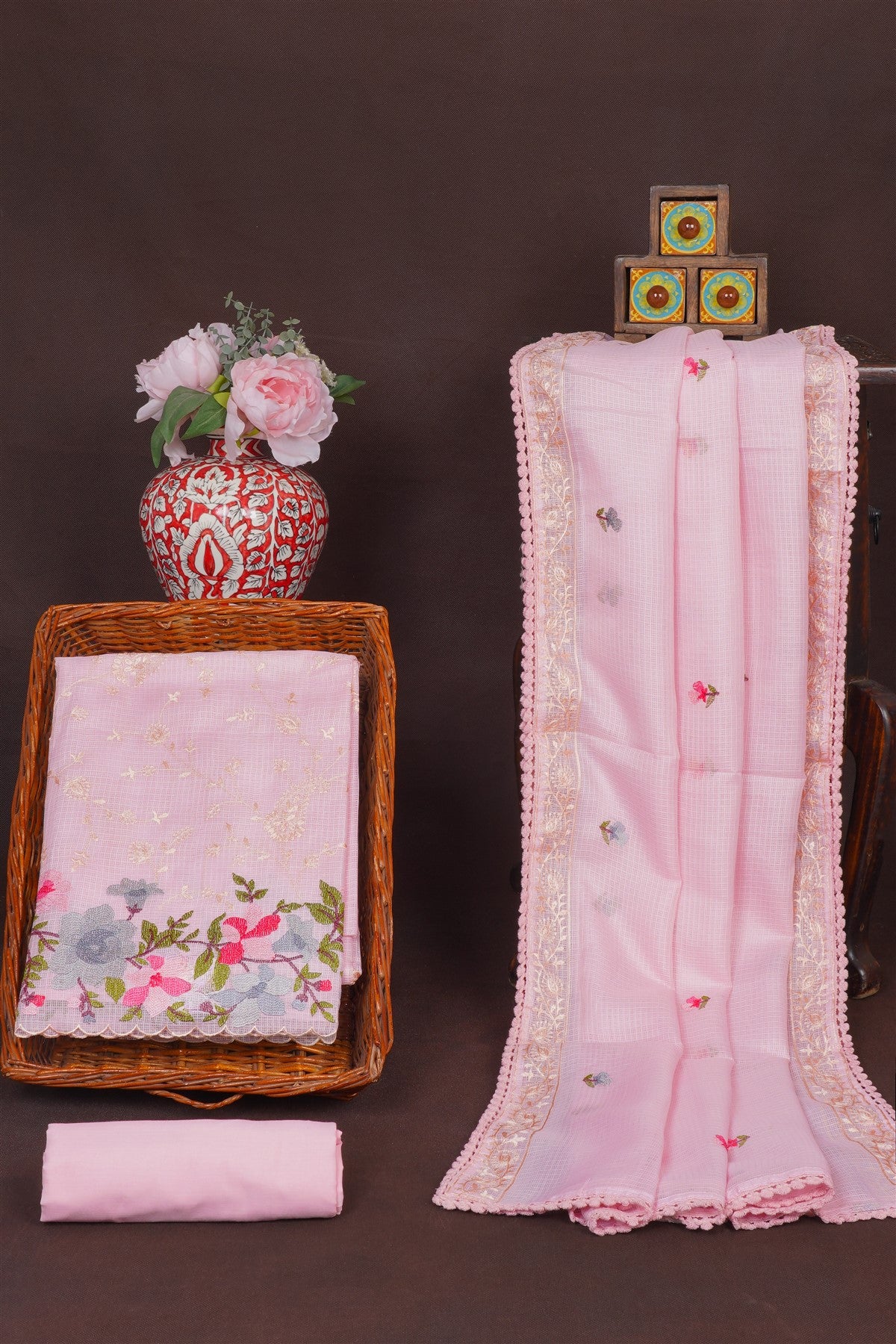 Kota Light Pink Floral Embroidered Dress Material
