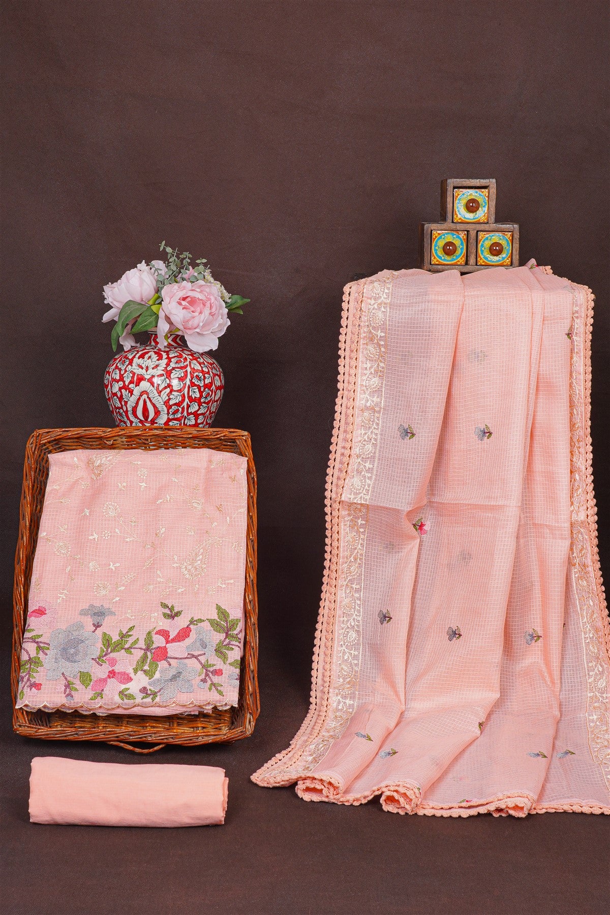 Kota Peach Embroidered Dress Material
