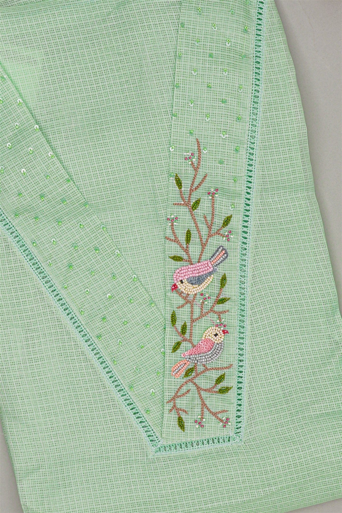 Kota Pista Green Bird Motif Embroidery Dress Material