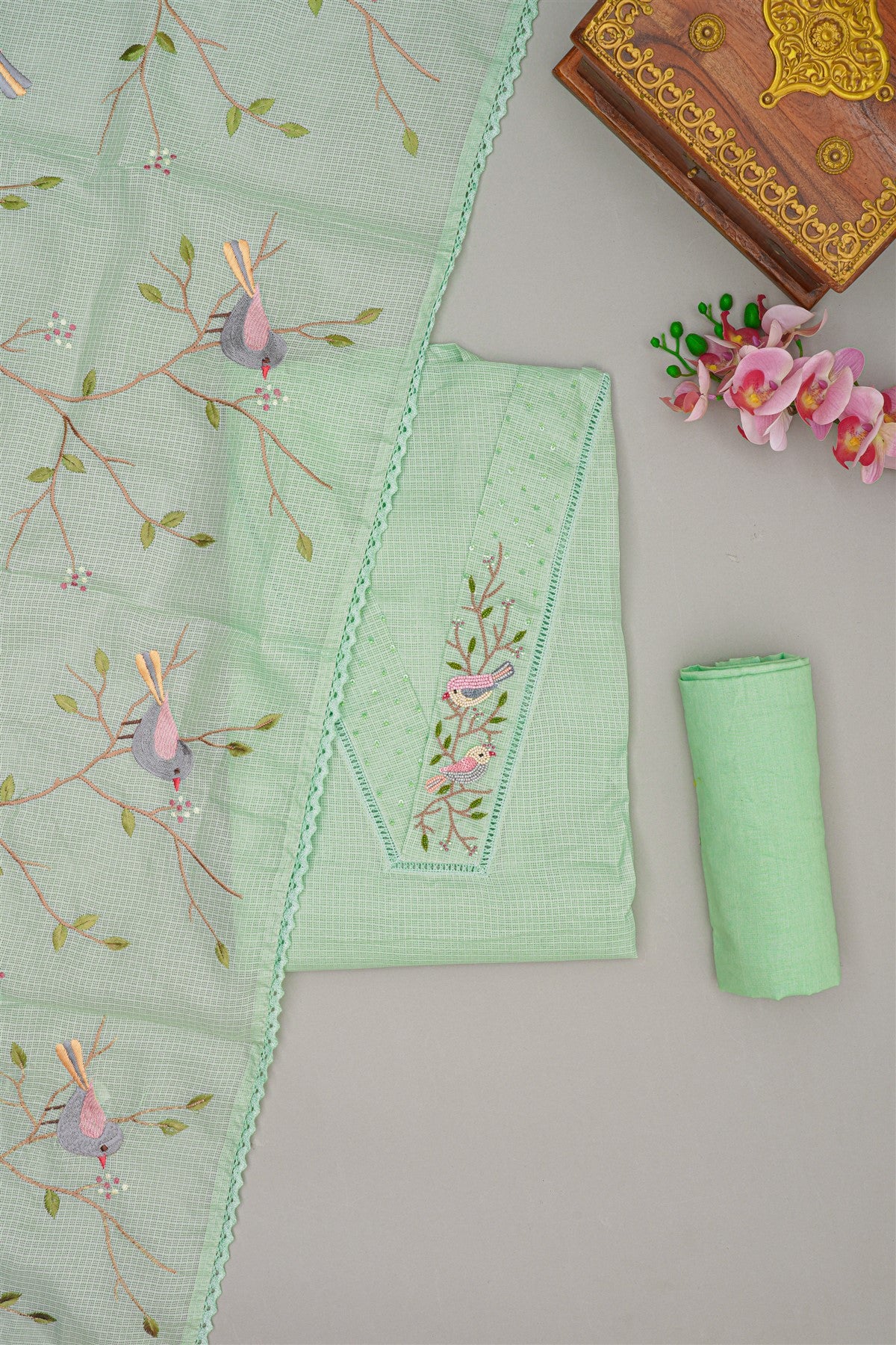 Kota Pista Green Bird Motif Embroidery Dress Material