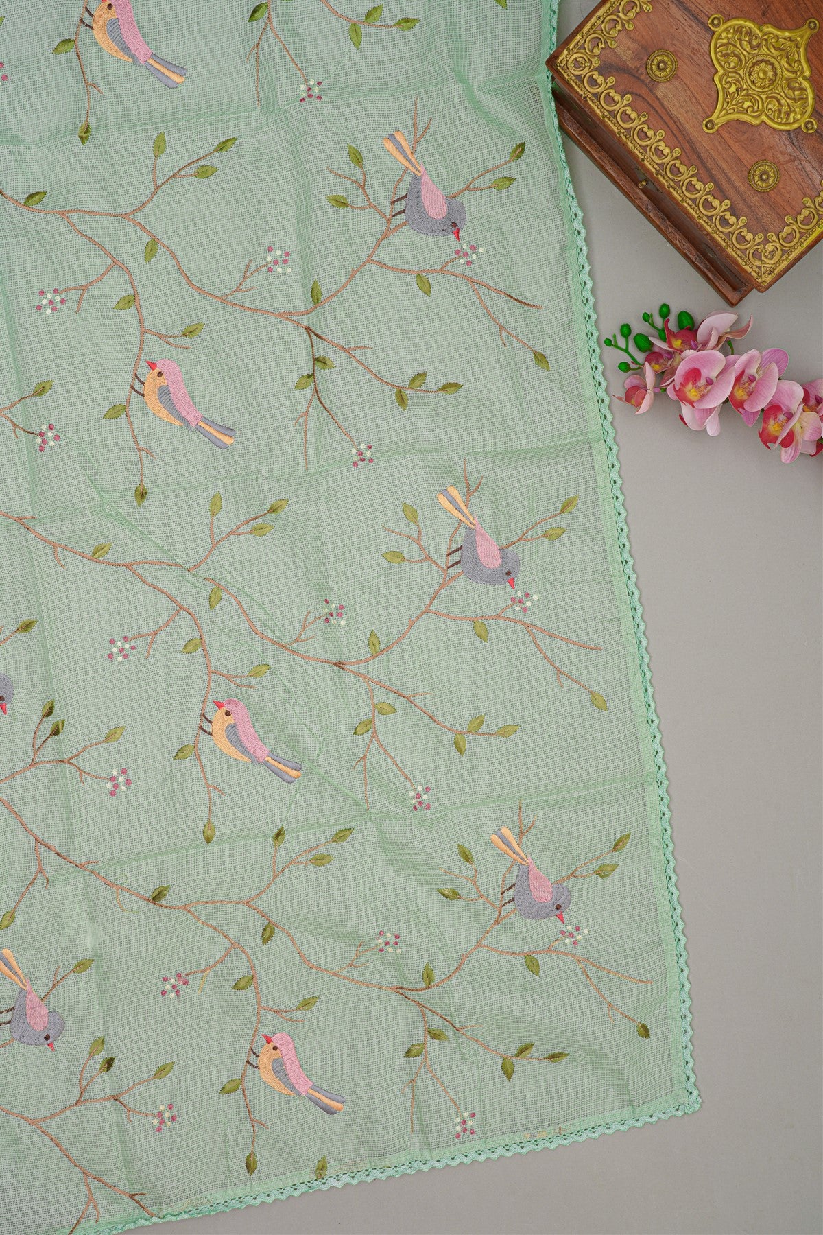 Kota Pista Green Bird Motif Embroidery Dress Material