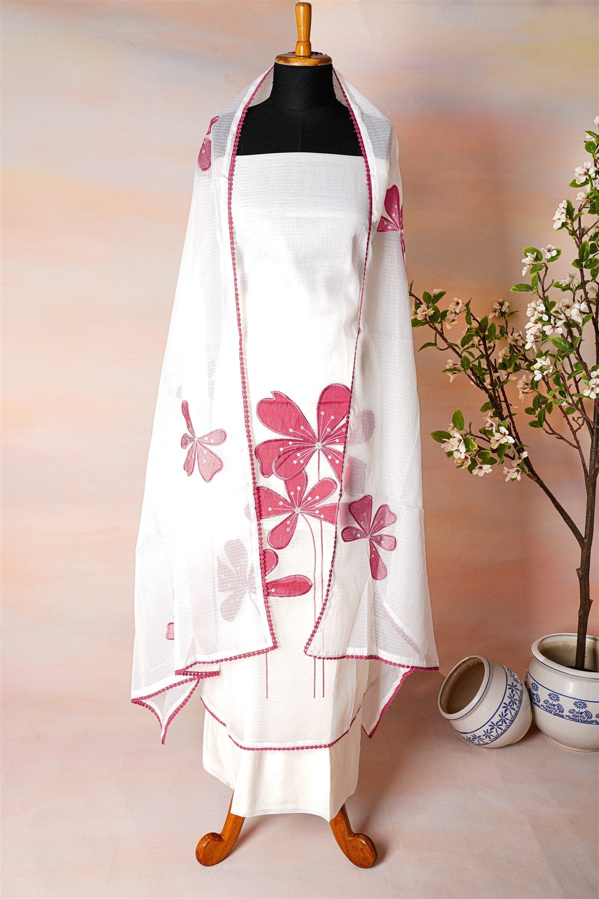 Kota White Floral Patchwork Dress Material