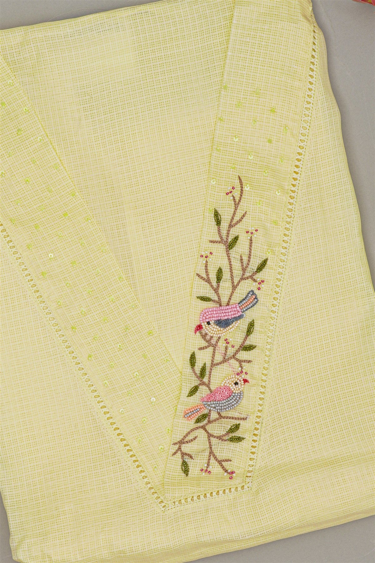 Tissue Lemon Yellow Bird Embroidery Dress Material