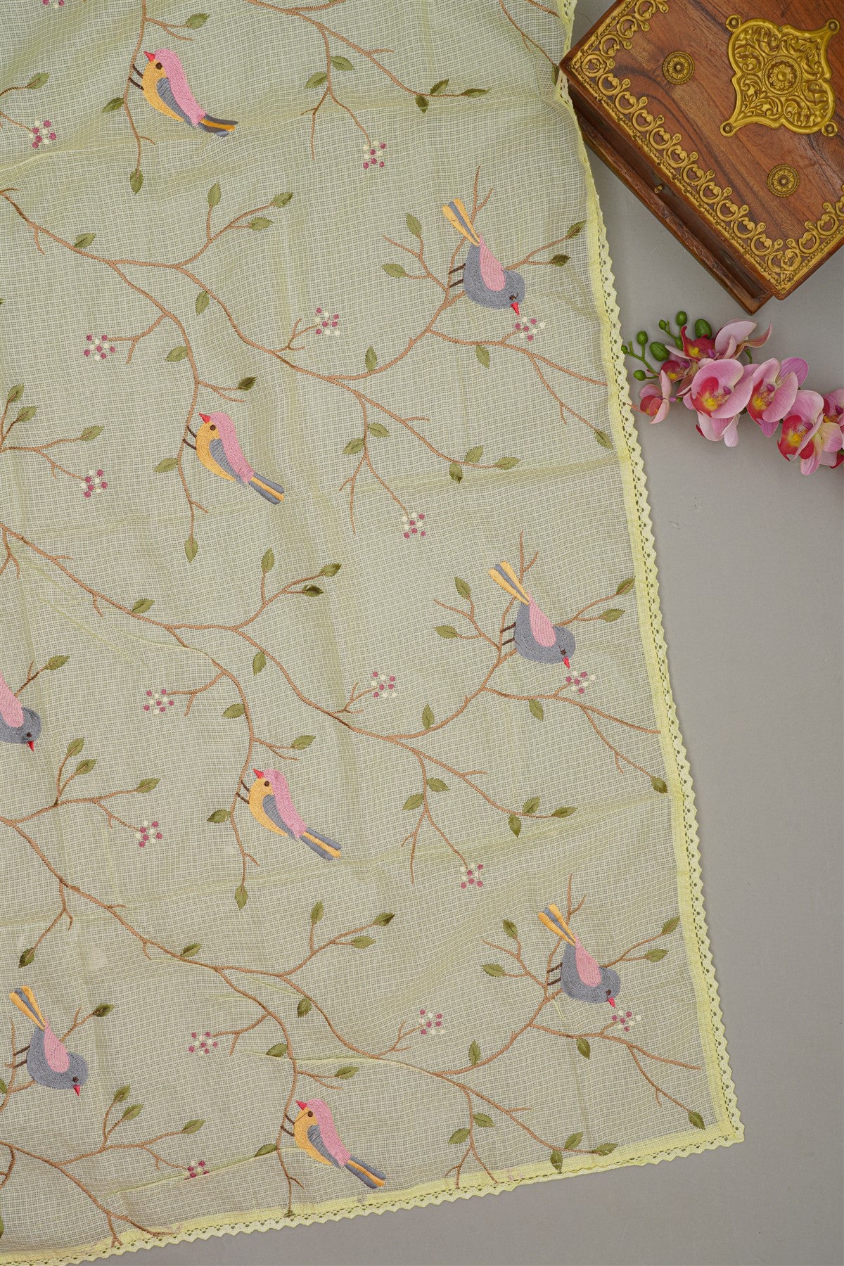 Tissue Lemon Yellow Bird Embroidery Dress Material