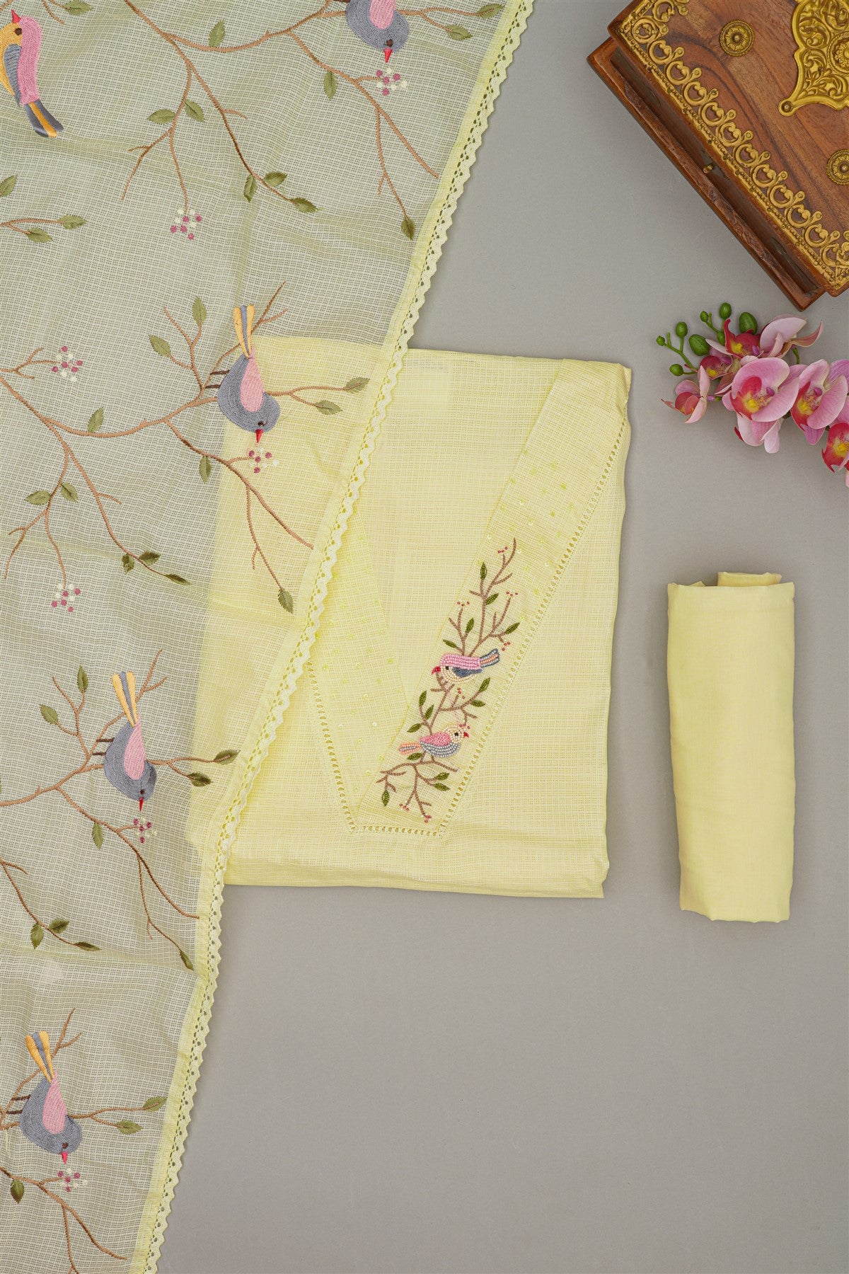 Tissue Lemon Yellow Bird Embroidery Dress Material