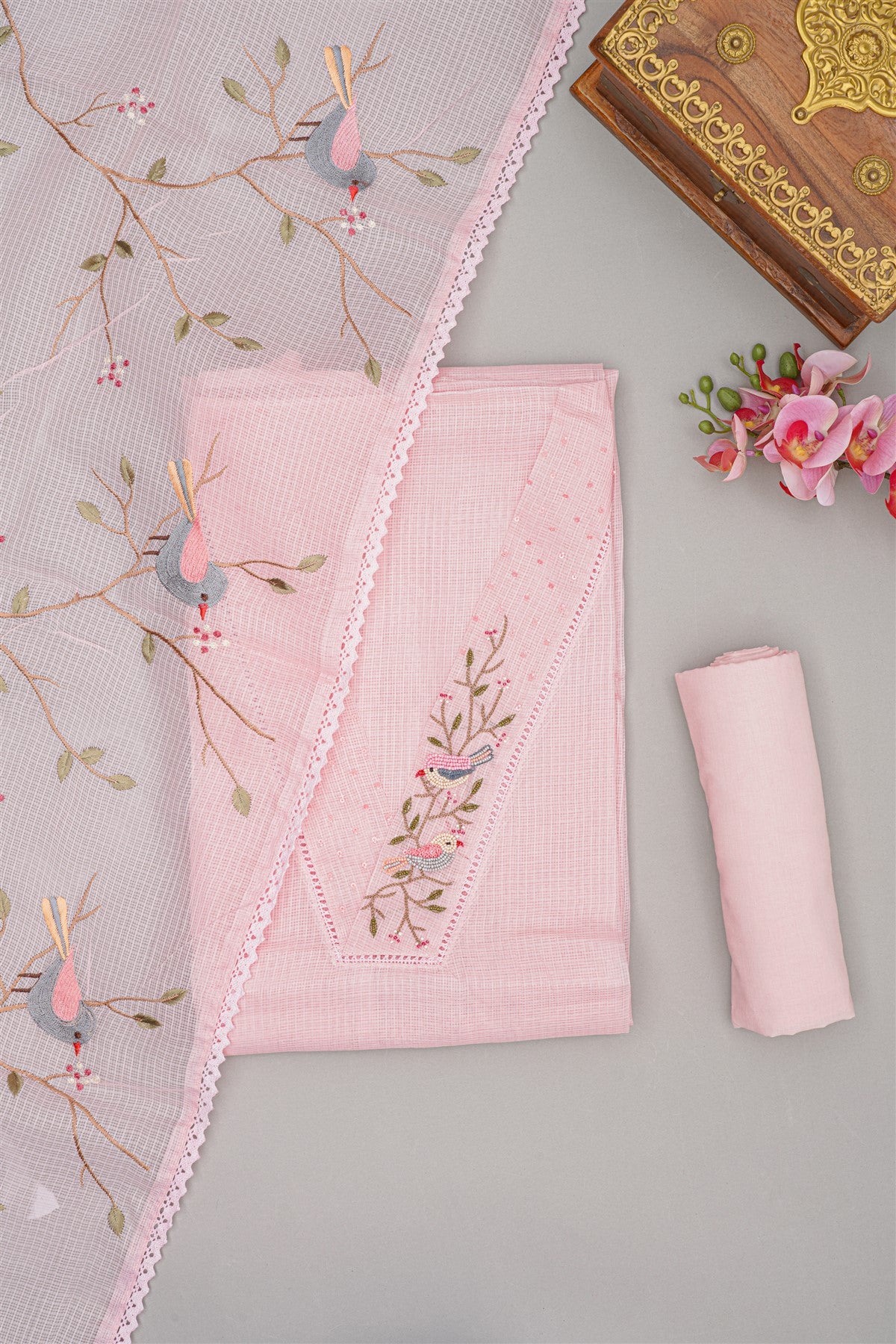 Tissue Light Pink Bird Motif Embroidery Dress Material