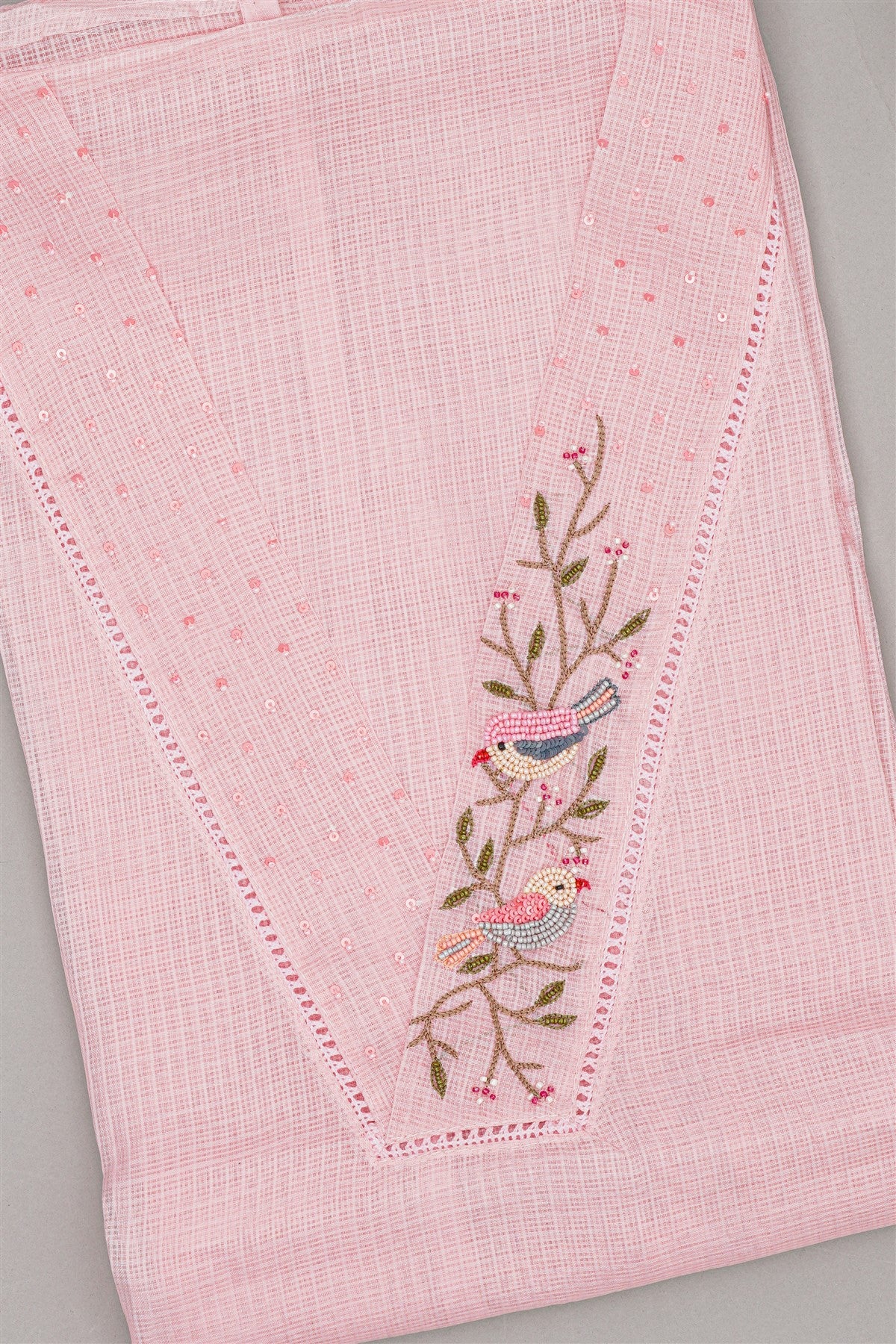 Tissue Light Pink Bird Motif Embroidery Dress Material