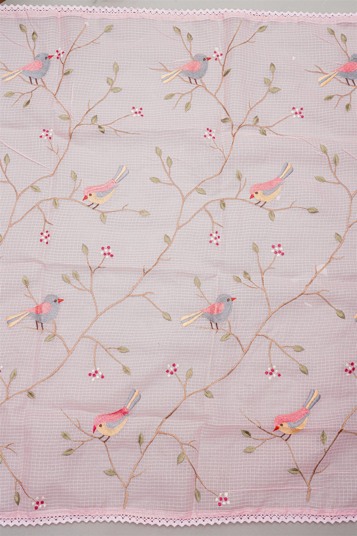 Tissue Light Pink Bird Motif Embroidery Dress Material
