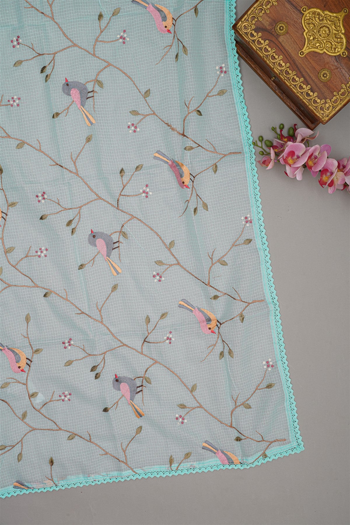Tissue Sea Blue Bird Embroidery Dress Material