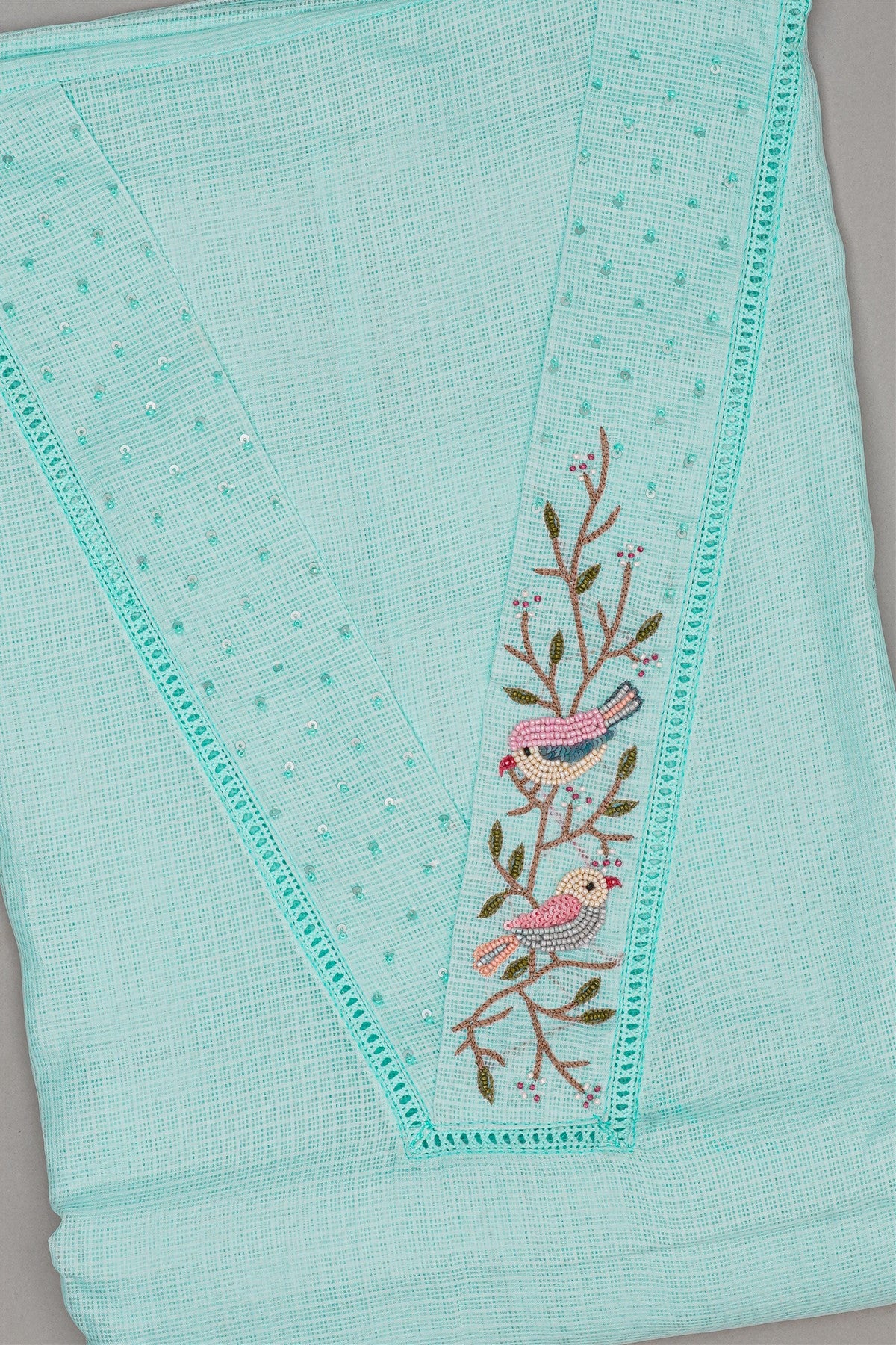 Tissue Sea Blue Bird Embroidery Dress Material