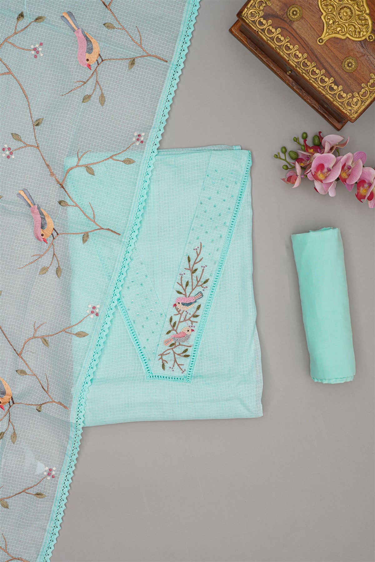 Tissue Sea Blue Bird Embroidery Dress Material