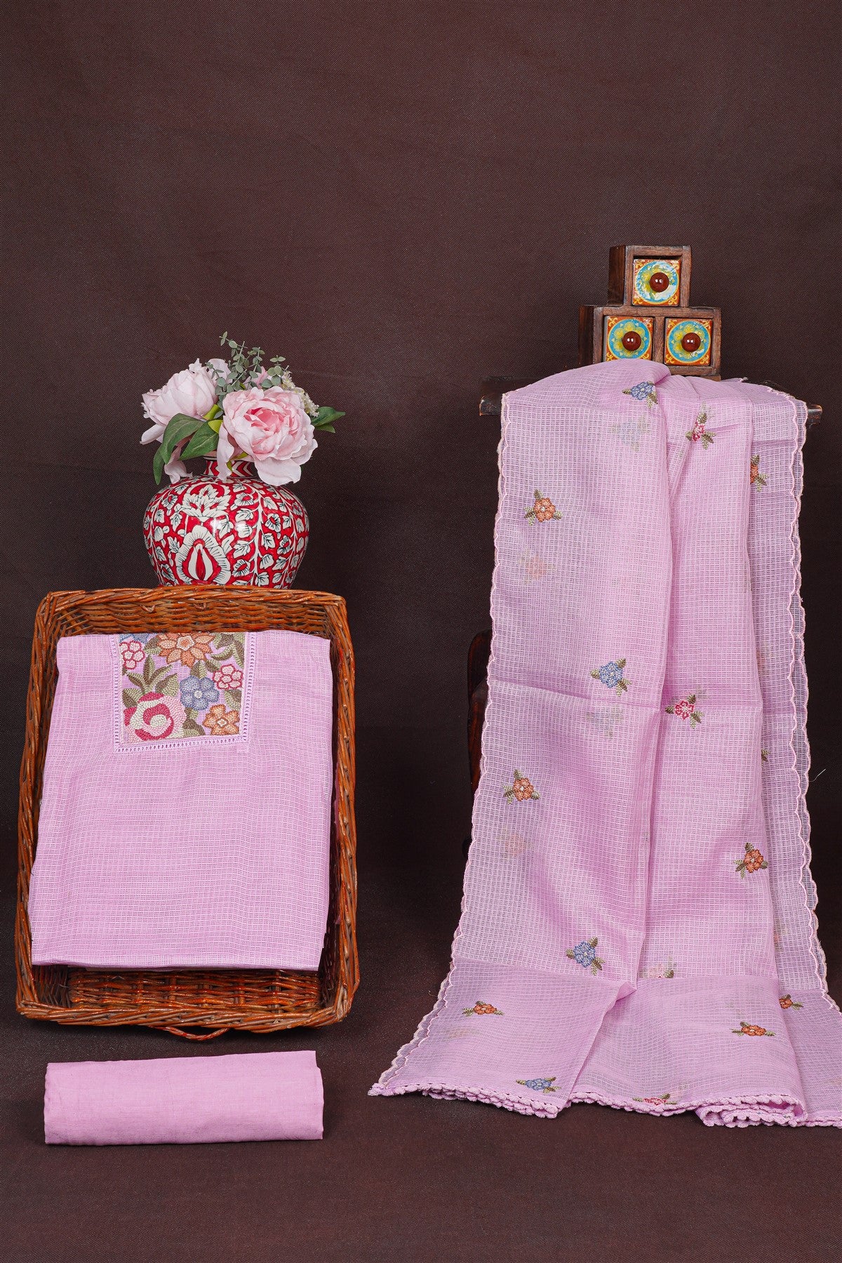 Kota Lavender Floral Embroidered Dress Material