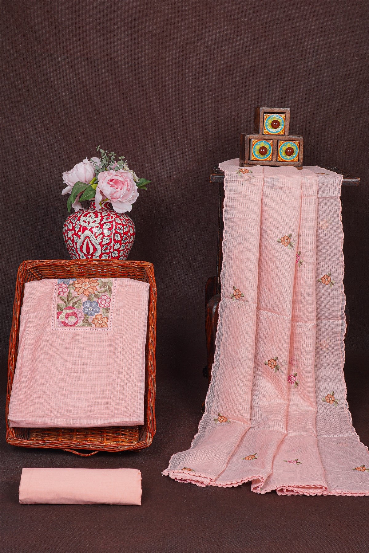 Kota Peach Floral Embroidered Dress Material