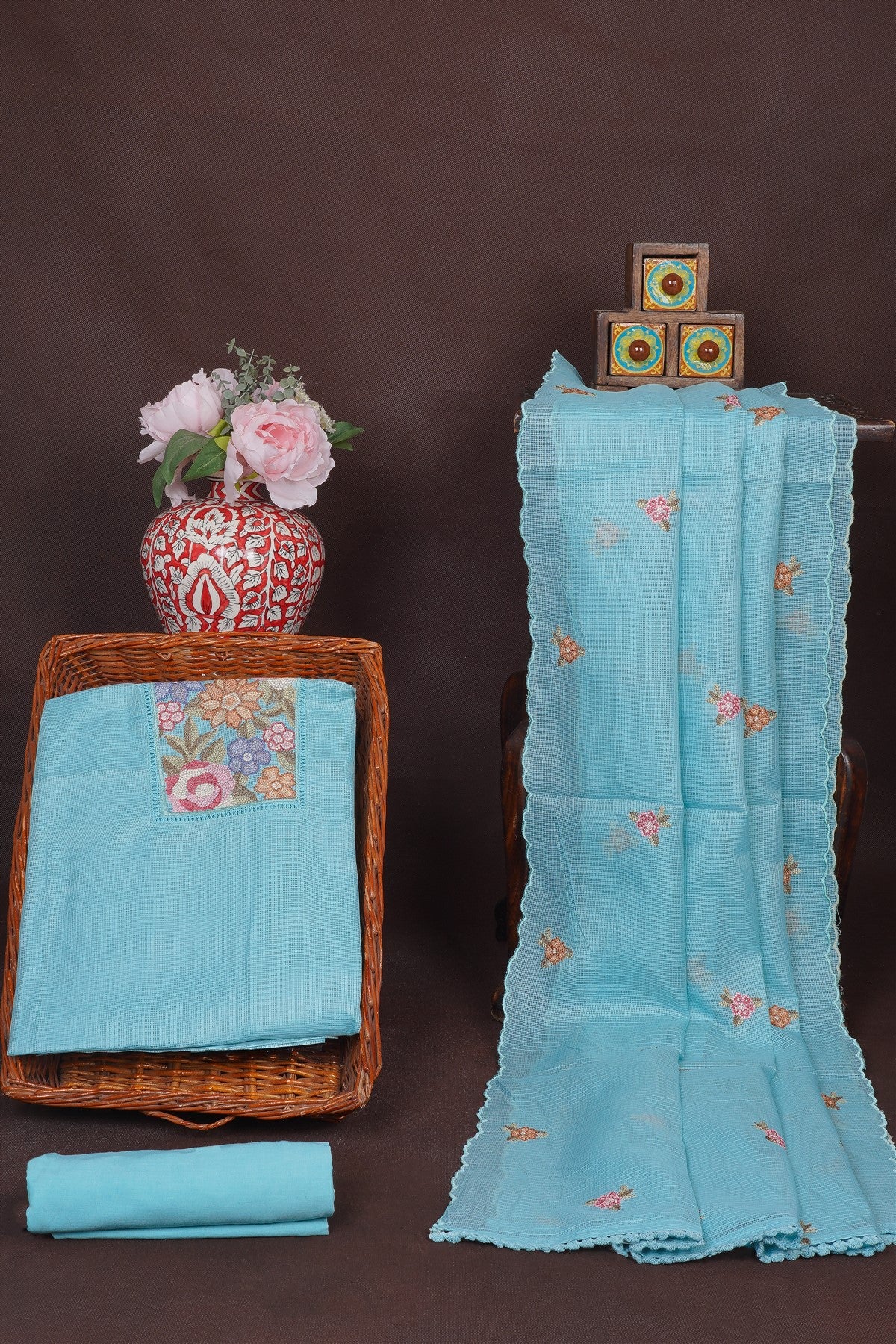 Kota Sky Blue Floral Embroidered Dress Material
