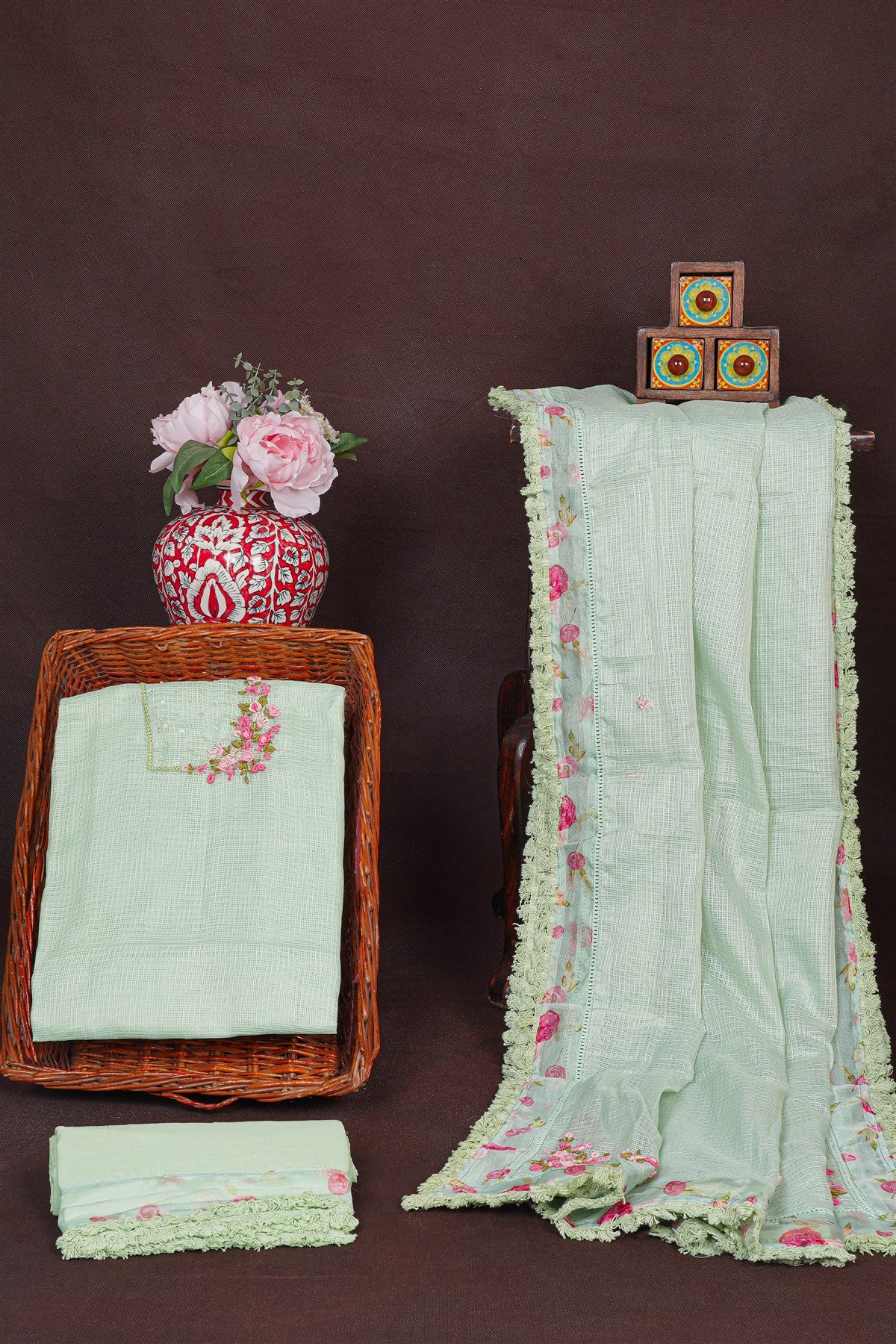 Kota Pista Green Floral Embroidered Dress Material