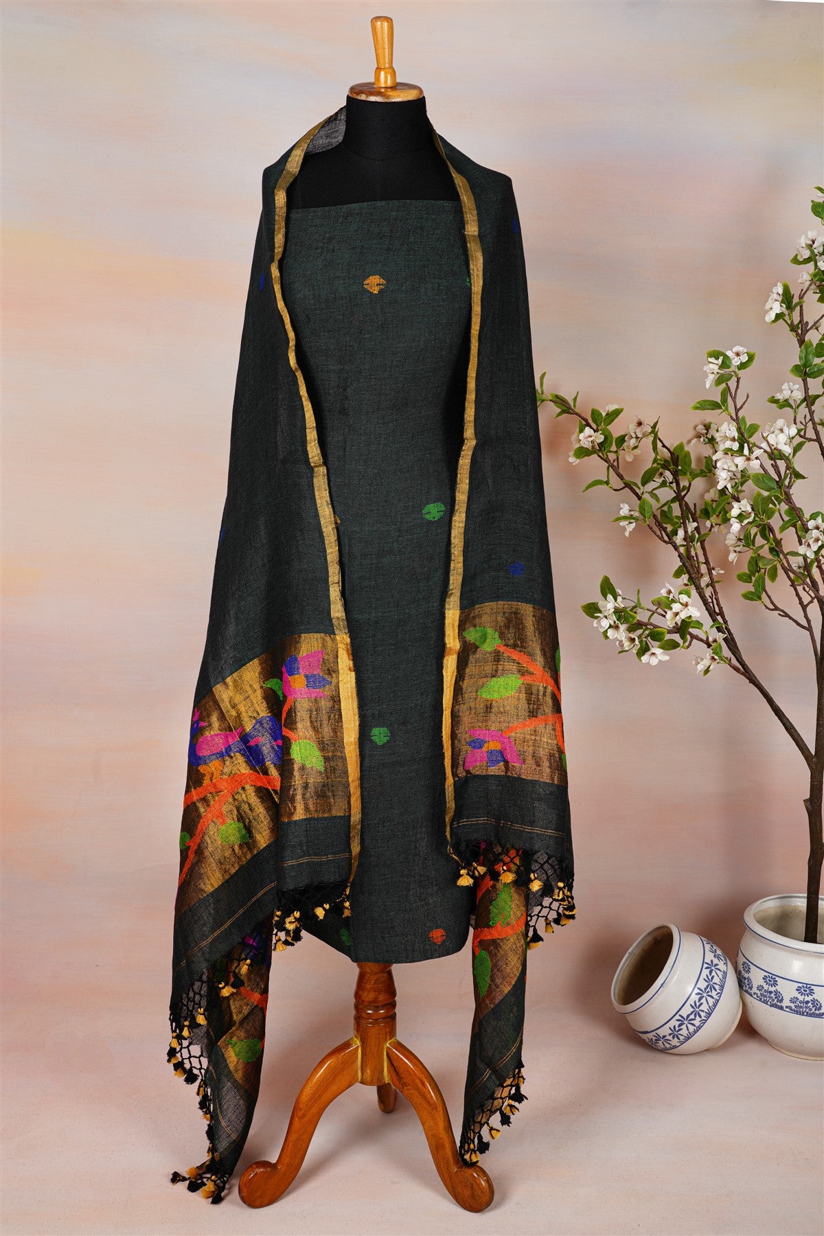 Jute Bottle Green Dress Material