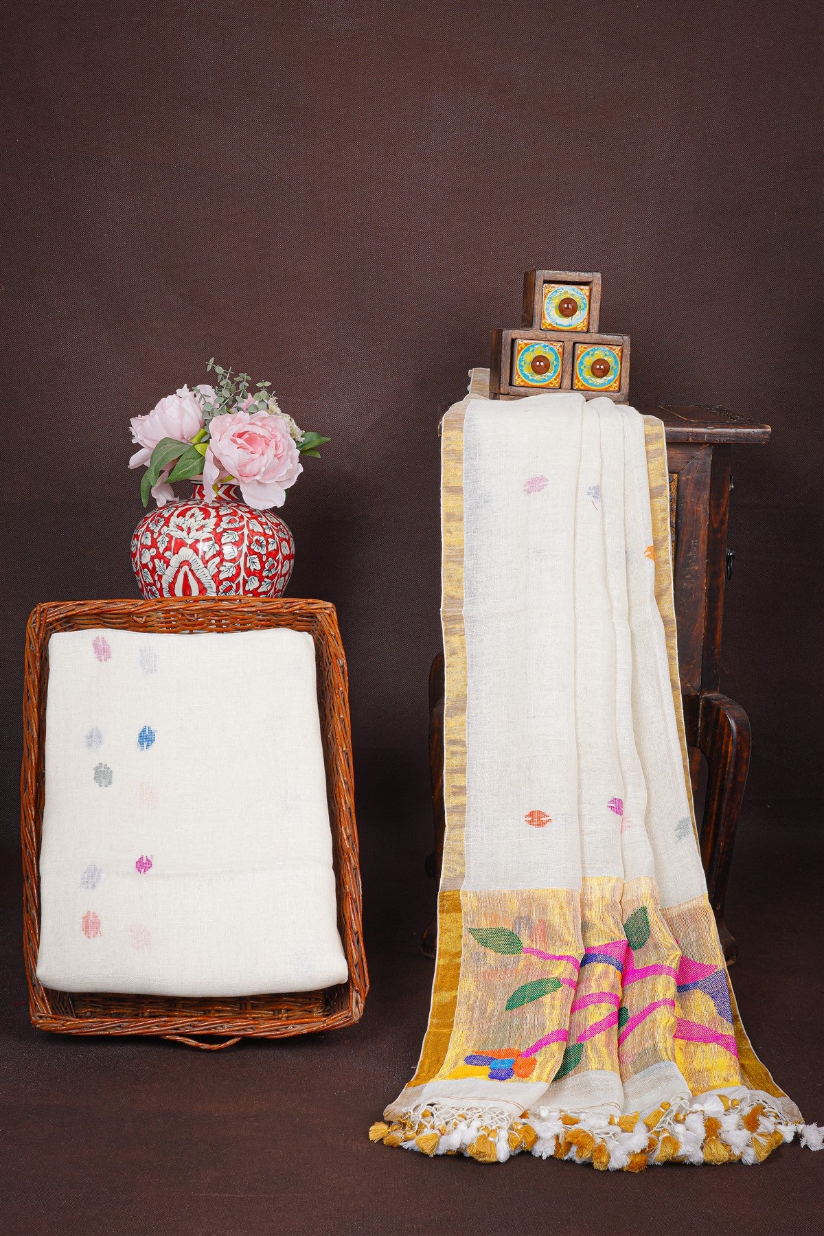 Jute Cream Woven Jamdani Dress Material