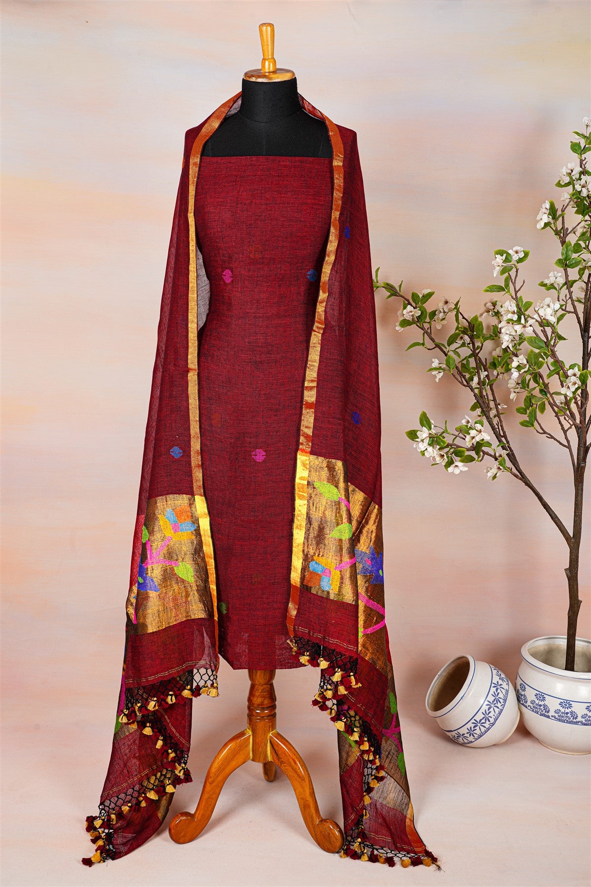 Jute Maroon Dress Material