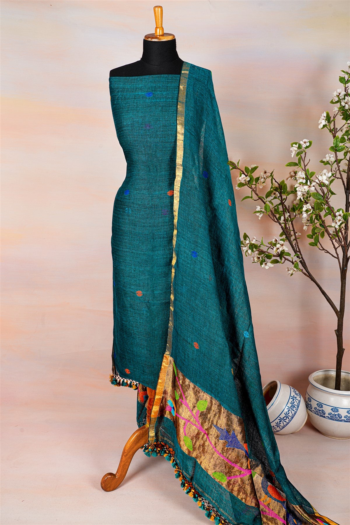 Jute Peacock Blue Dress Material