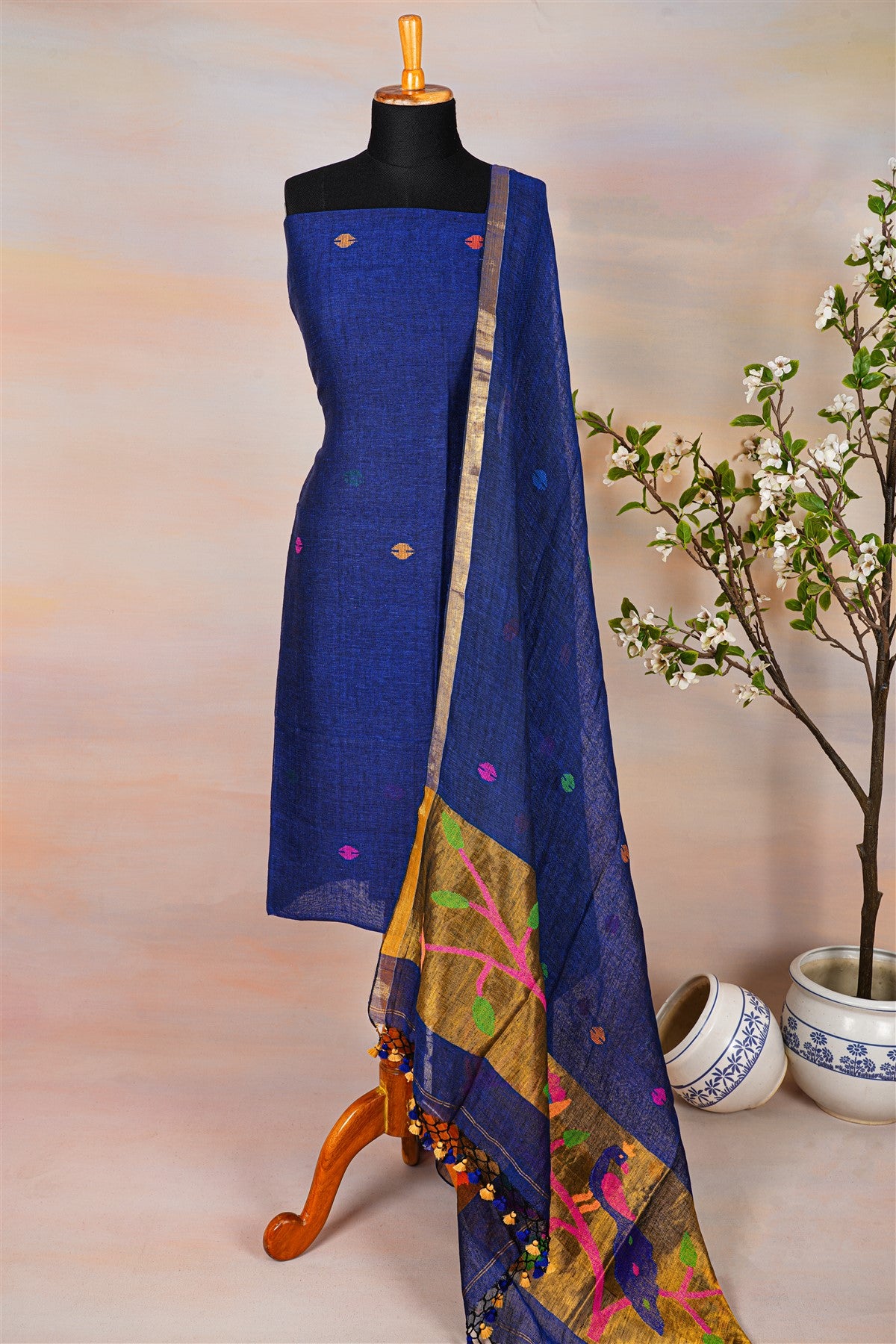 Jute Royal Blue Dress Material