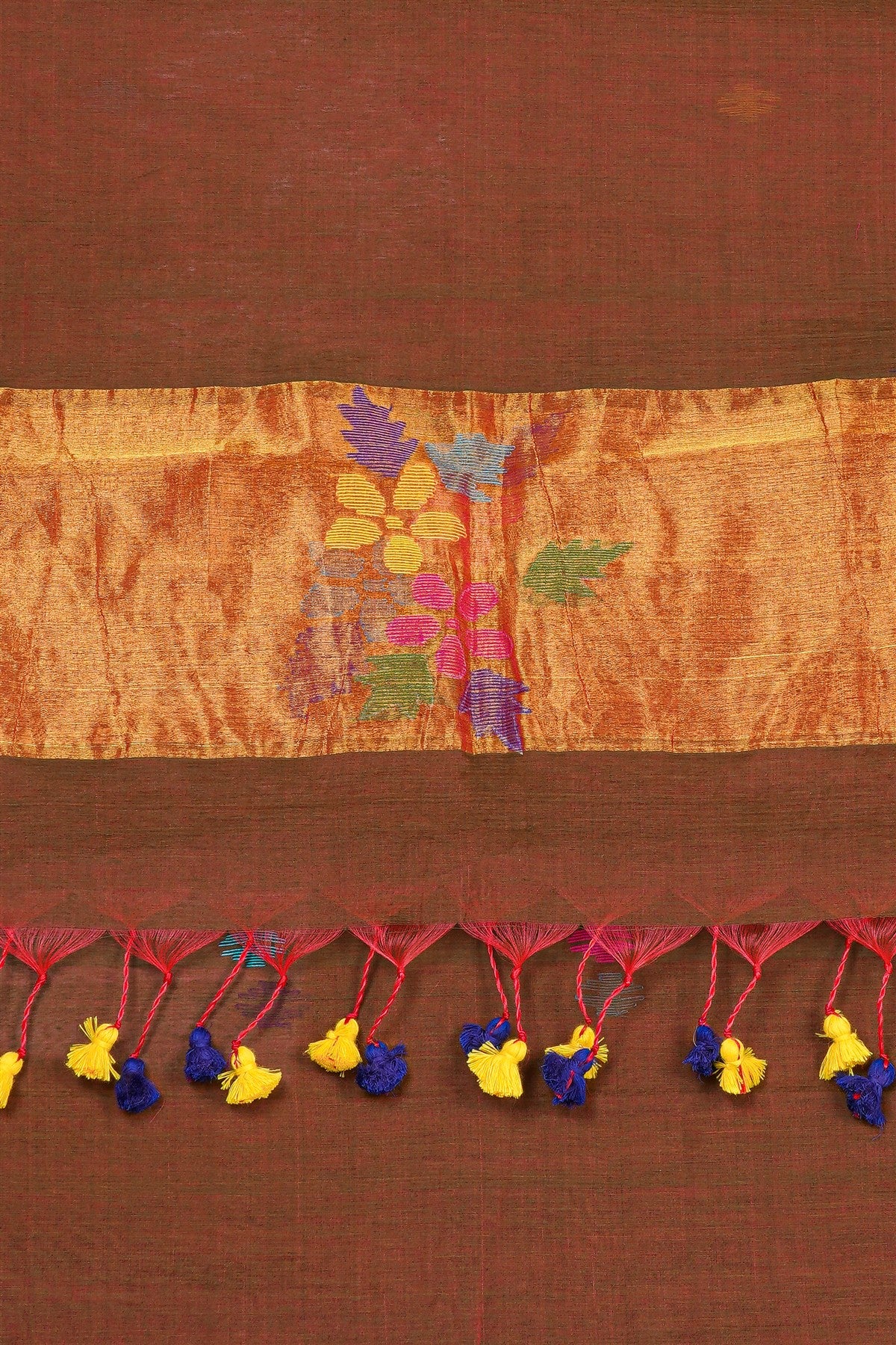Chanderi Brown Floral Jamdani Dress Material