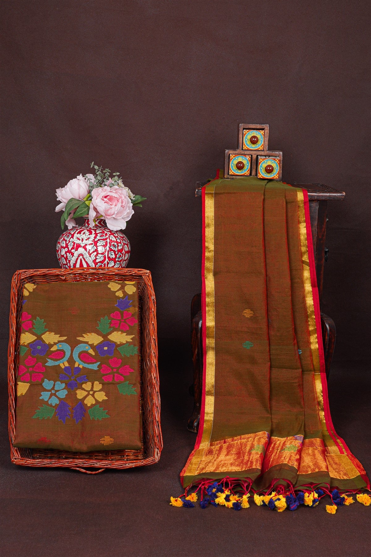 Chanderi Brown Floral Jamdani Dress Material
