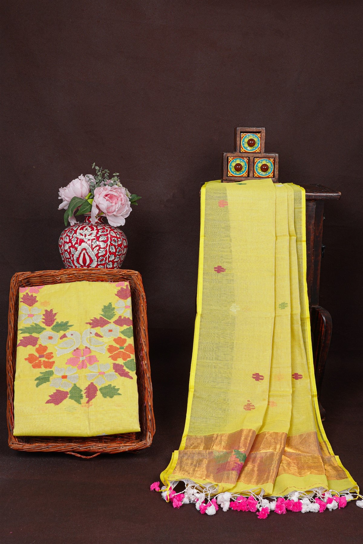 Chanderi Yellow Floral Jamdani Dress Material