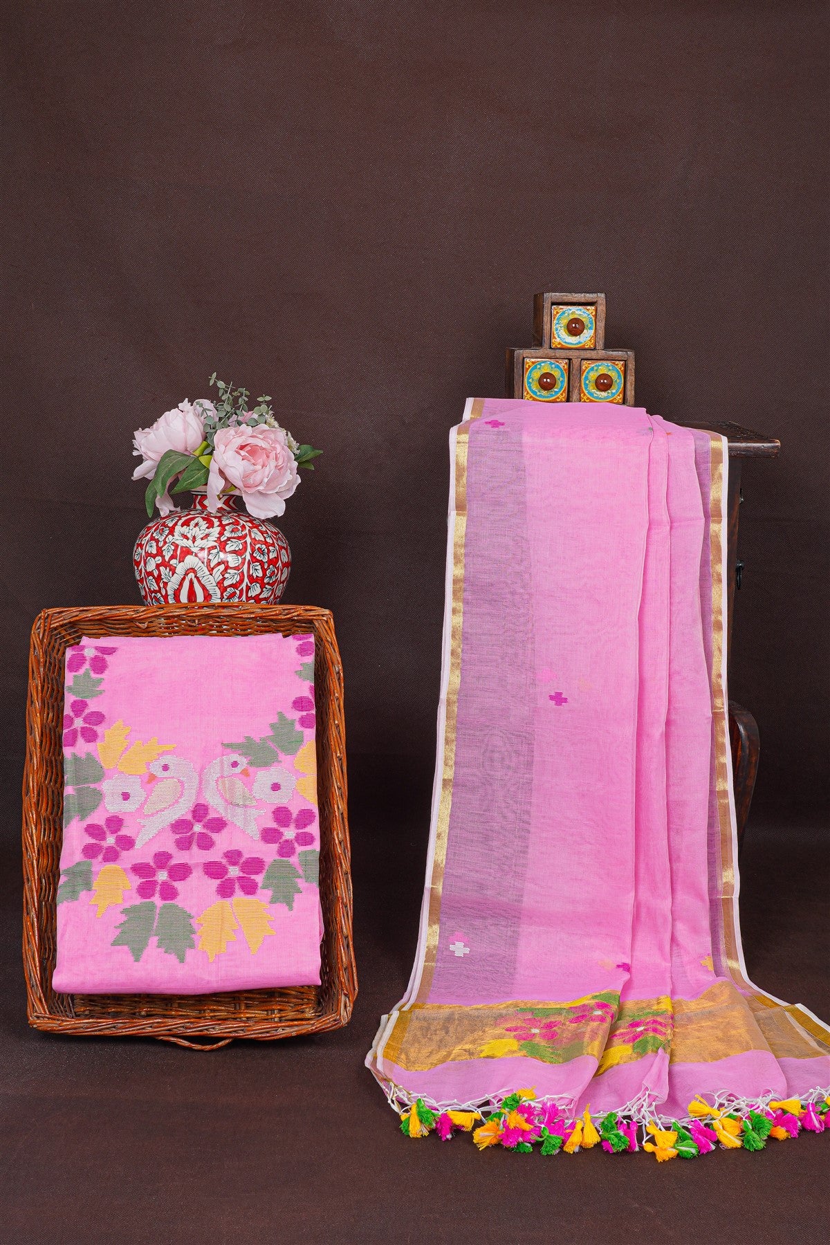 Chanderi Pink Jamdani Dress Material