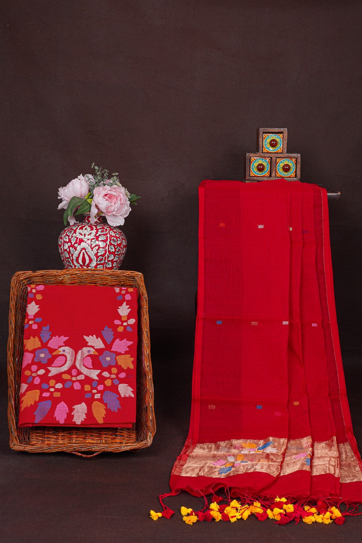 Chanderi Red Floral Jamdani Dress Material