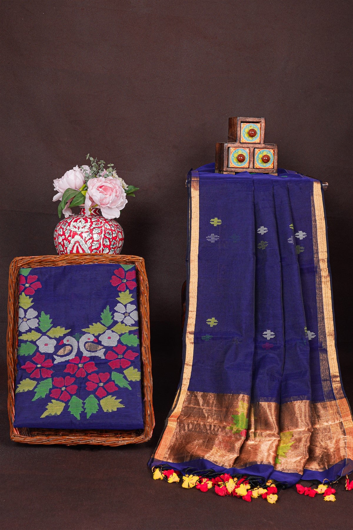 Chanderi Royal Blue Jamdani Dress Material
