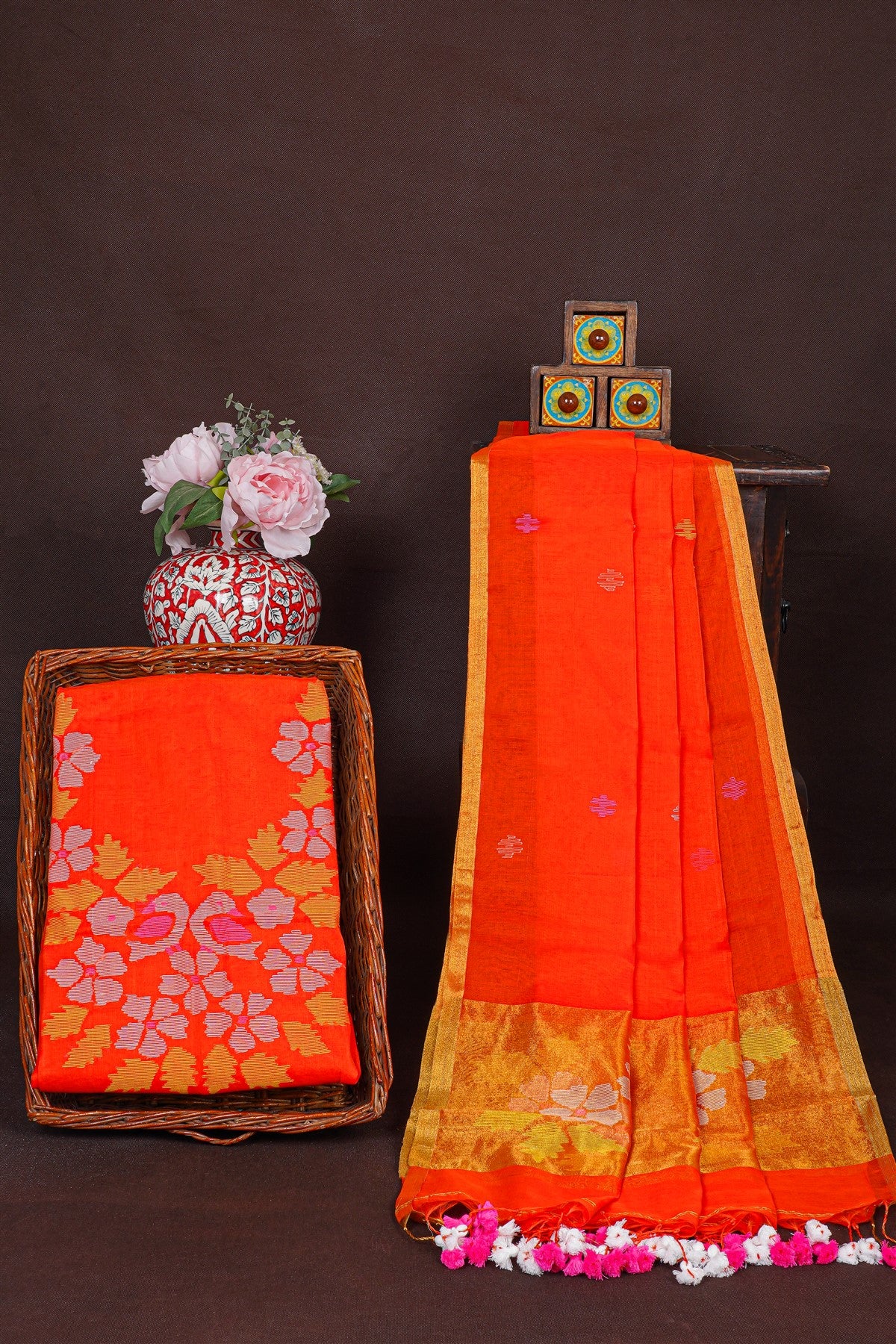 Chanderi Orange Embroidered Dress Material