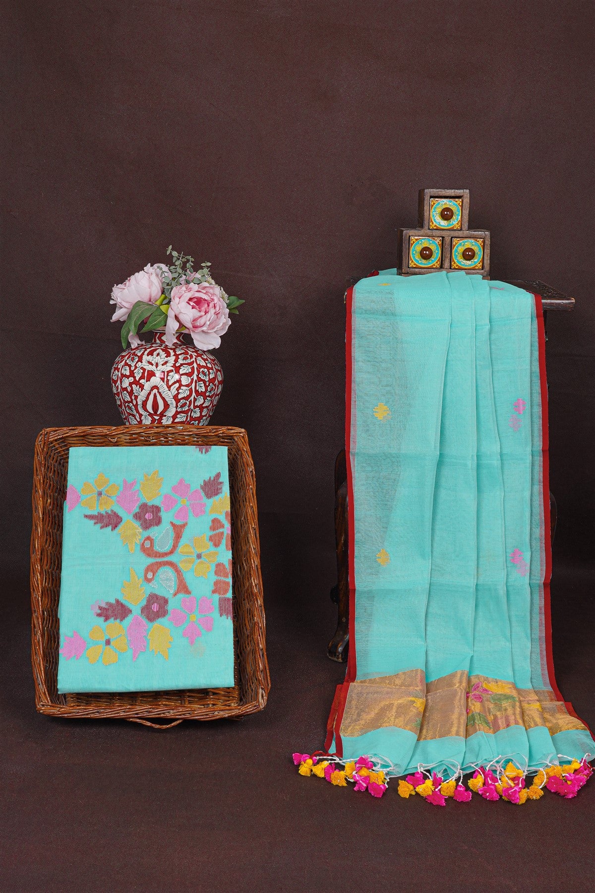 Chanderi Sea Blue Jamdani Dress Material
