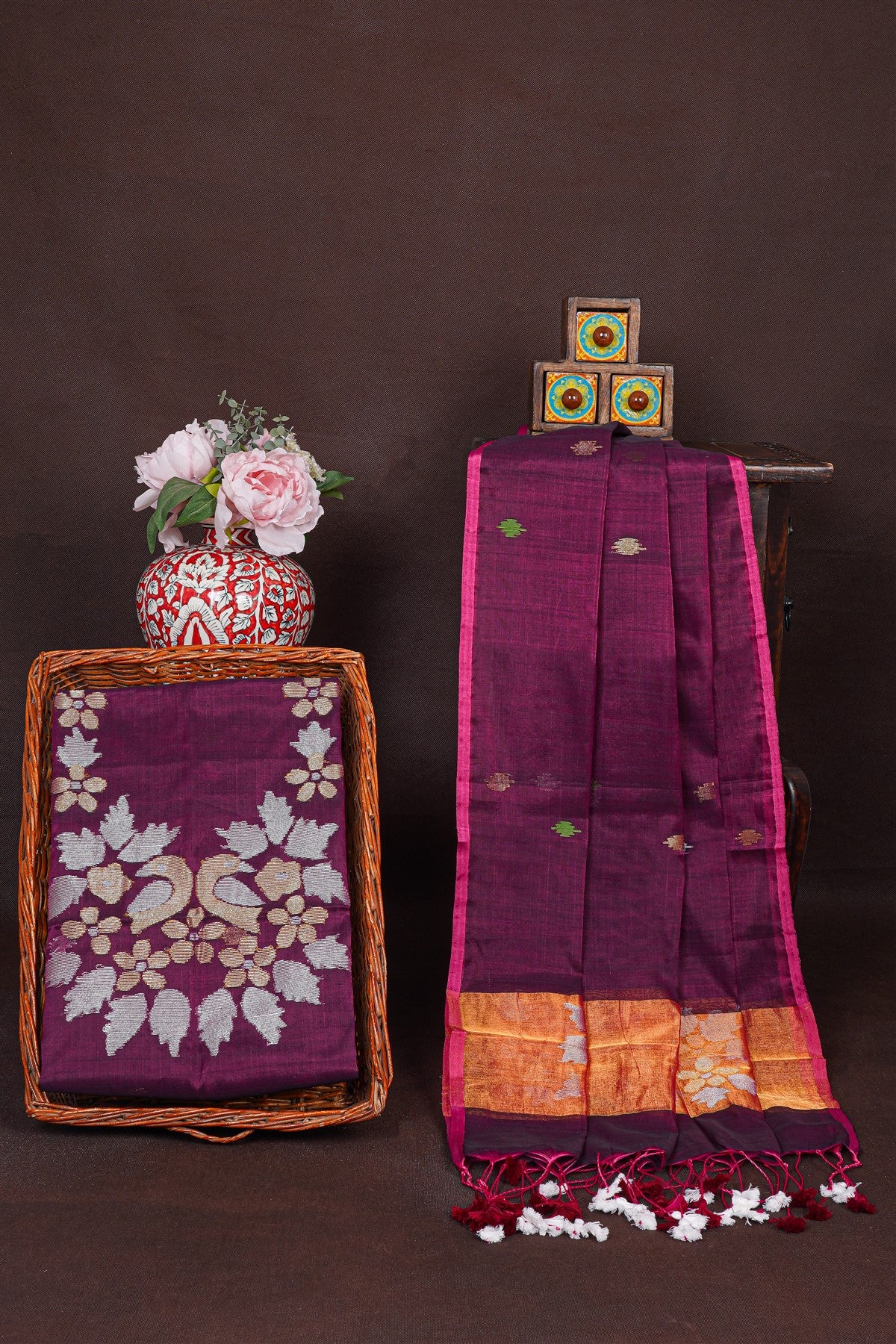 Chanderi Wine Jamdani Dress Material