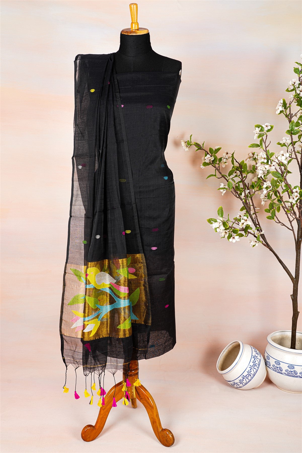 Mul Chanderi Black Embroidered Dress Material