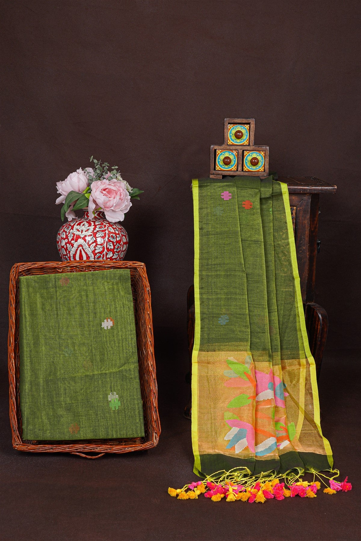 Mul Chanderi Dark Olive Green Jamdani Dress Material