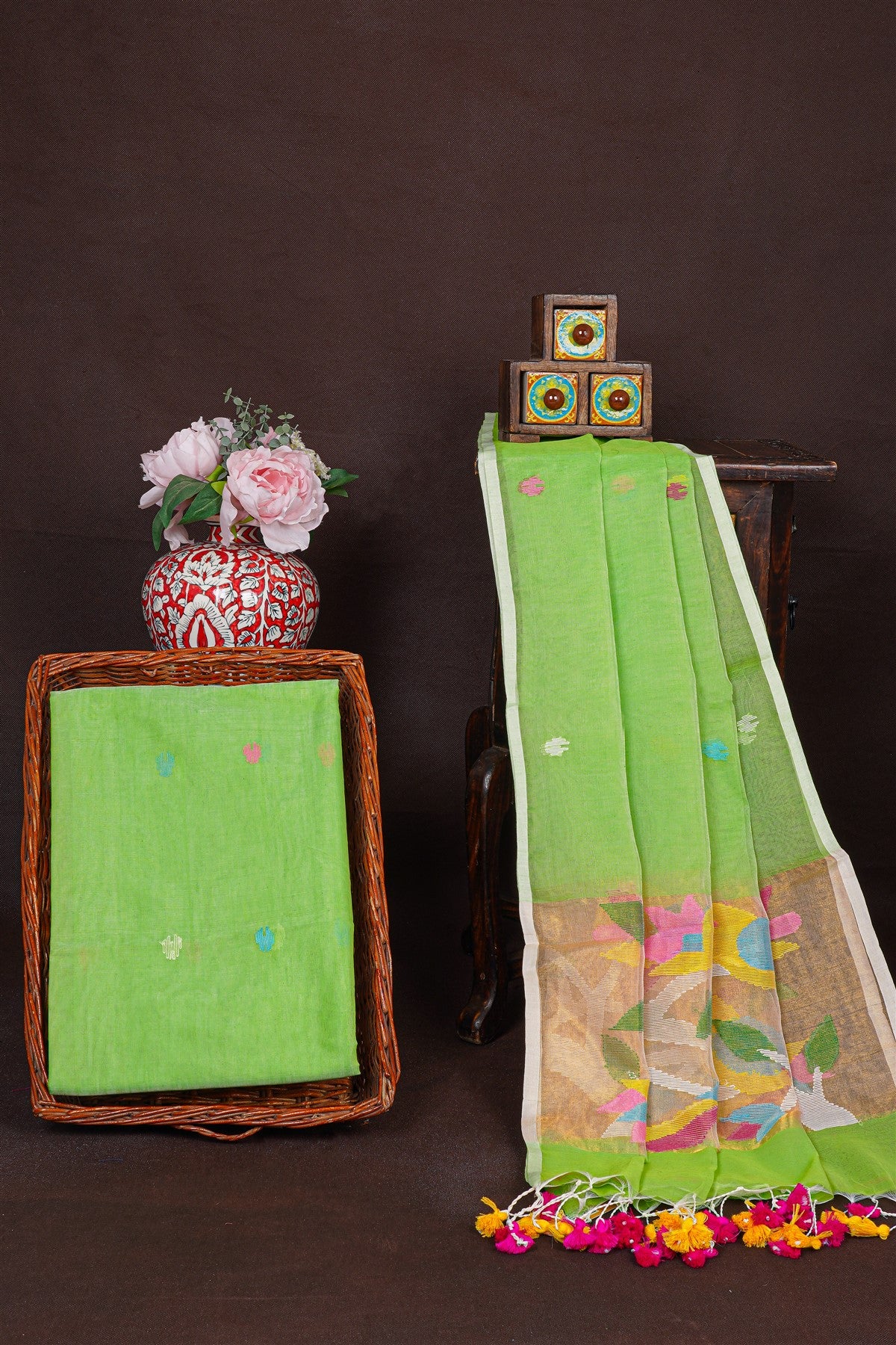 Mul Chanderi Parrot Green Dress Material