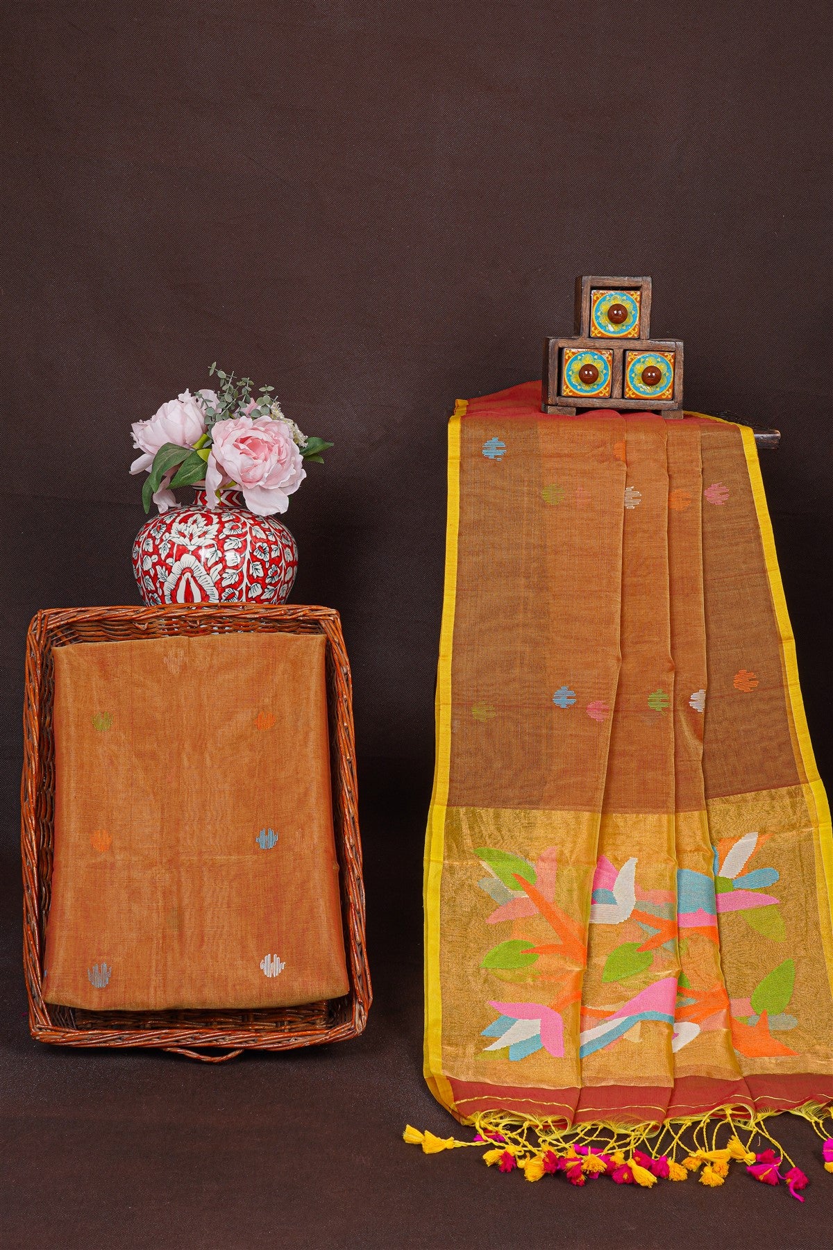 Mul Chanderi Rust Jamdani Dress Material