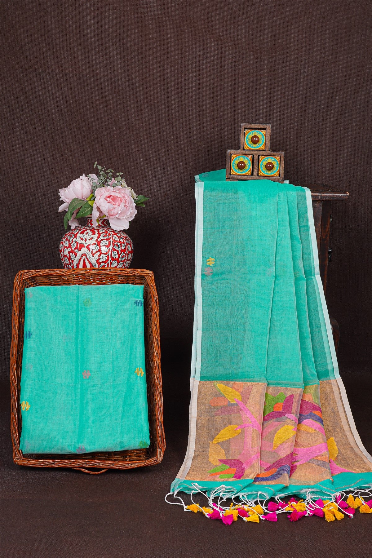 Mul Chanderi Sea Green Jamdani Dress Material