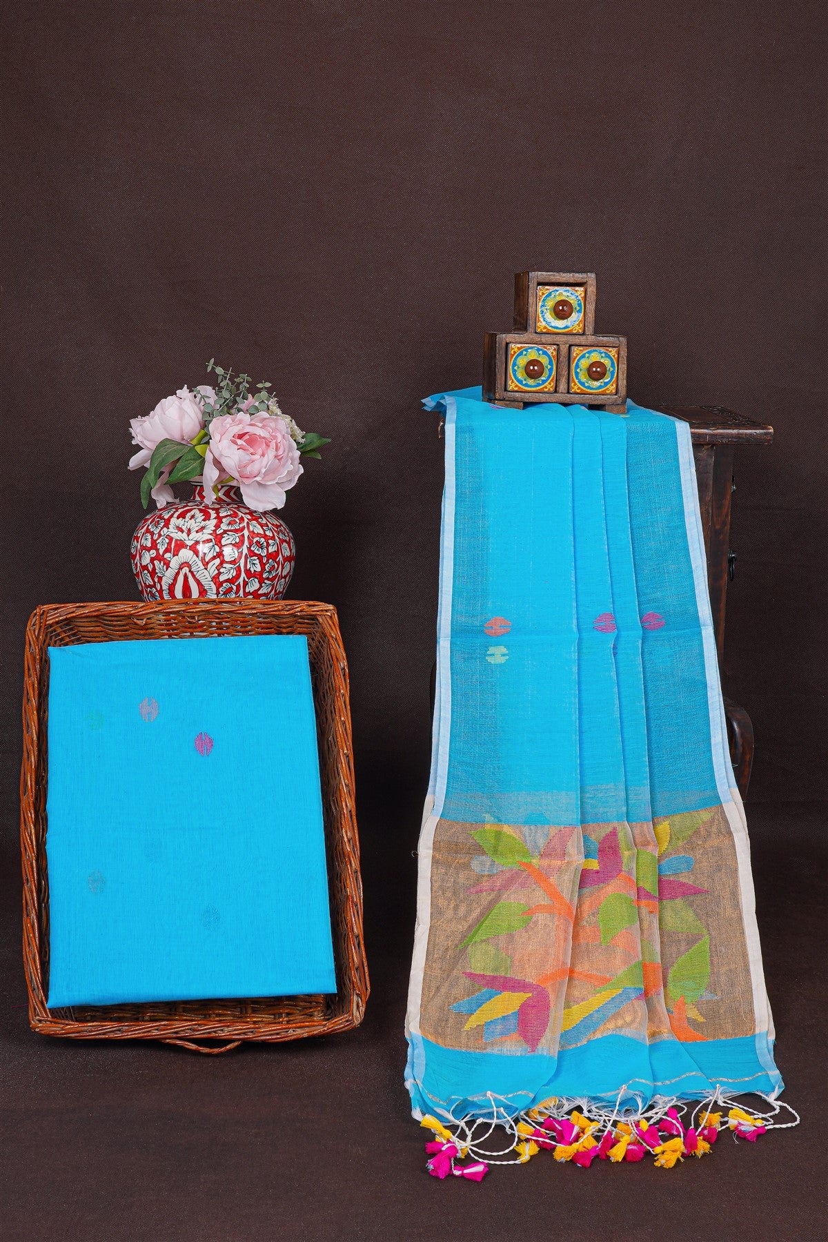 Mul Chanderi Sky Blue Jamdani Dress Material