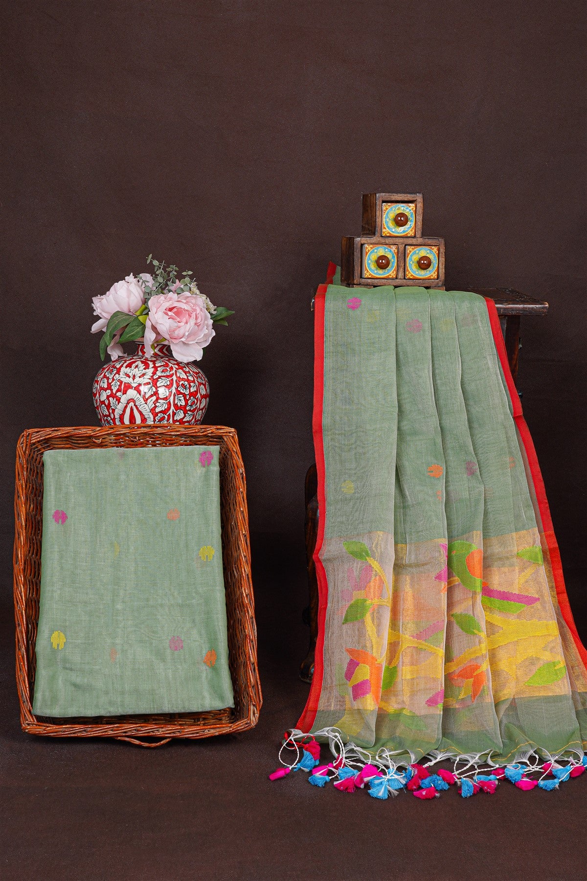 Mul Chanderi Light Green Jamdani Dress Material