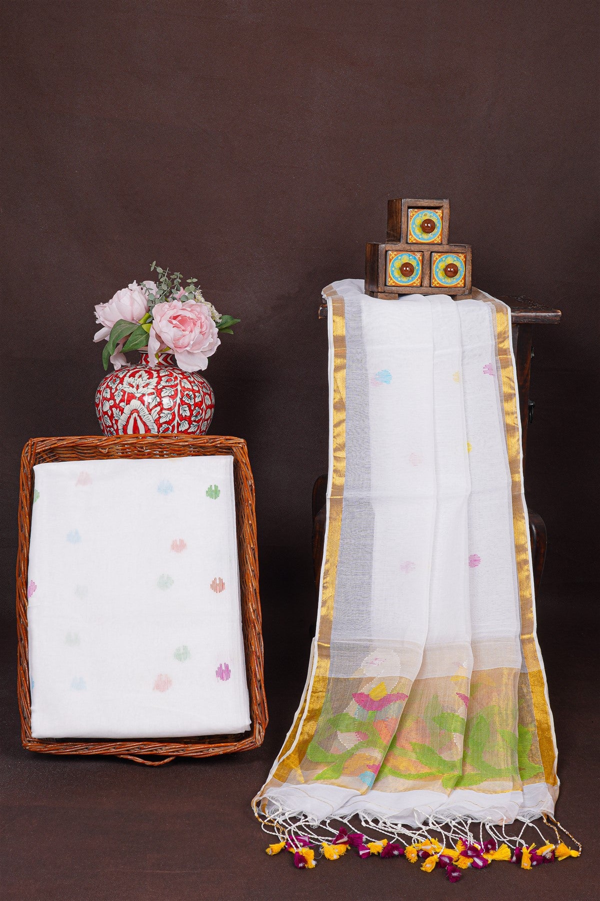Mul Chanderi Cream Jamdani Dress Material