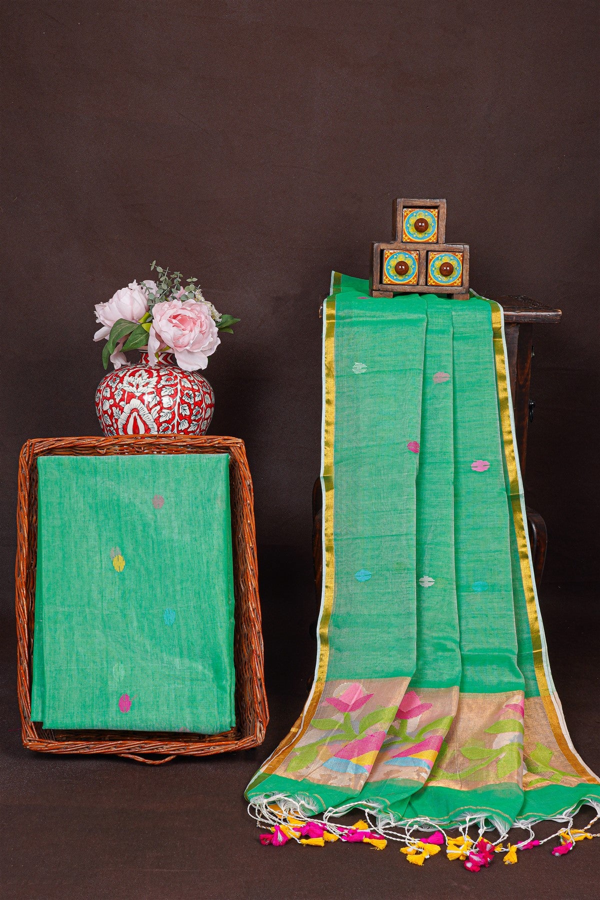 Mul Chanderi Green Jamdani Dress Material