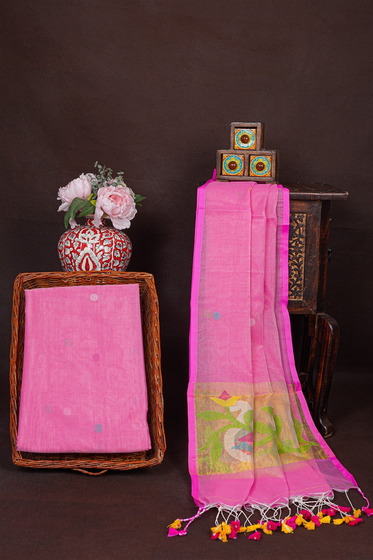 Mul Chanderi Pink Jamdani Dress Material